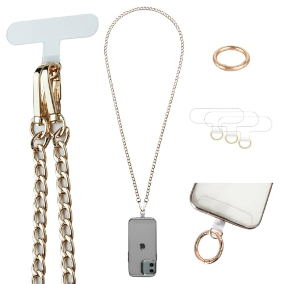 Universal Crossbody Phone Lanyard Chain with 3 Pad Patches Gold