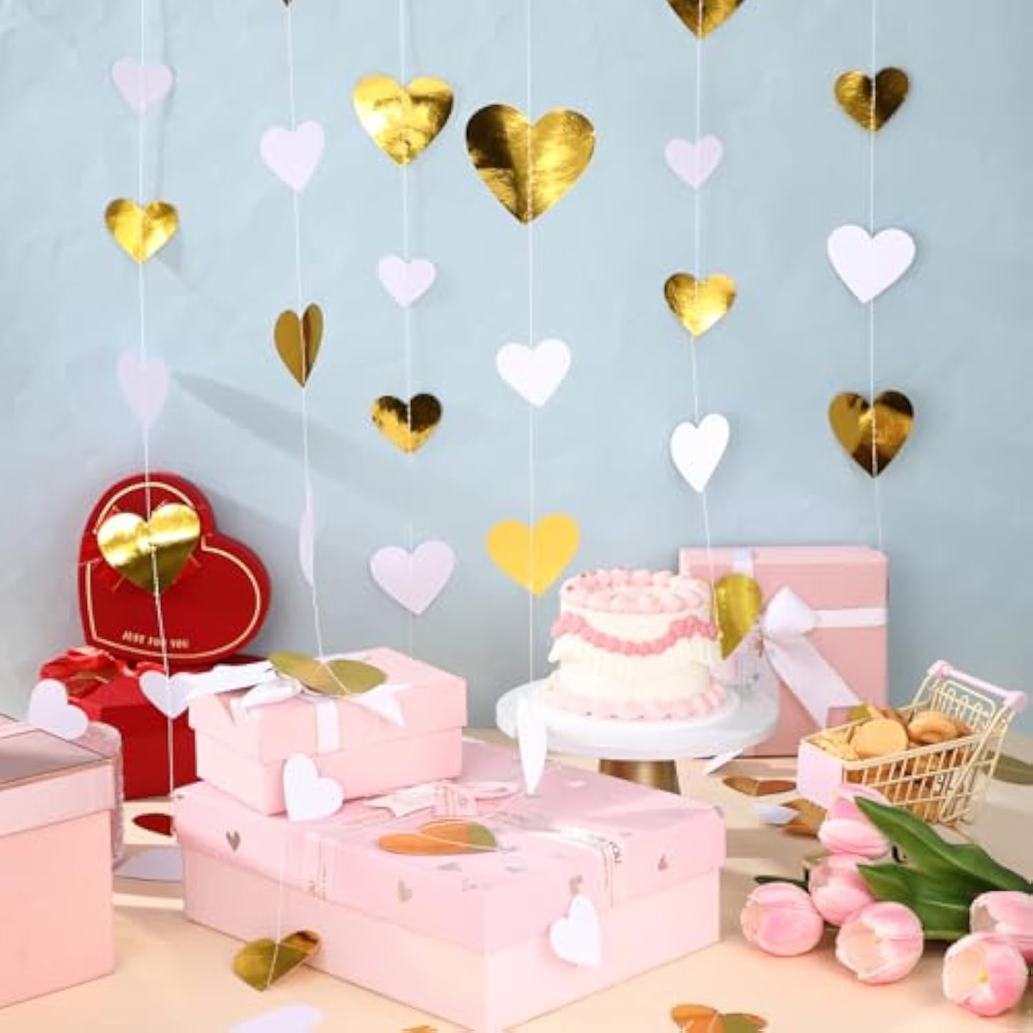10 Pack 130Ft White-Gold Holographic Heart Party Garland Asymmetrical Love Hanging Banners For Wedding Engagement Anniversary Bachelorette Bridal Shower Birthday Decoration