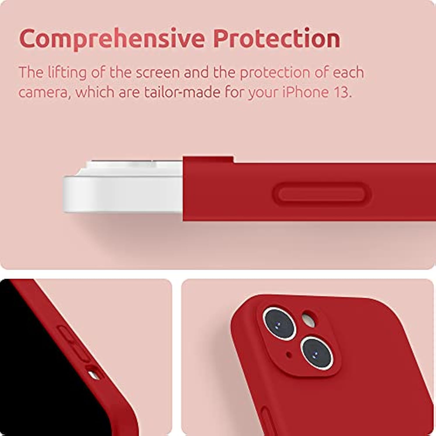 Compatible With 13 Case With Screen Protector, (Camera Protection & Soft Microfiber Lining) Liquid Silicone Phone Case 6.1 Inch 2021, Red