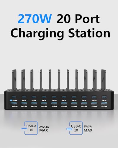 270W Charging Station for Multiple Devices, 20-Port USB Fast Charging Station with Adjustable Dividers & 10 Cables, Multi Device Organizer Charging
