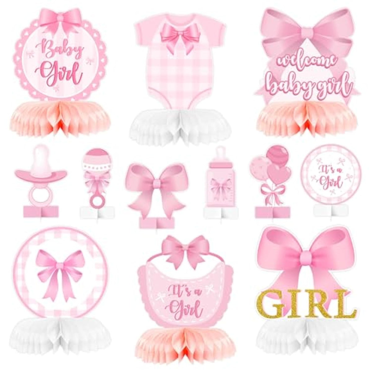 12PCS Pink Bow Baby Shower Centerpieces – It’s a Girl Coquette Table Decor