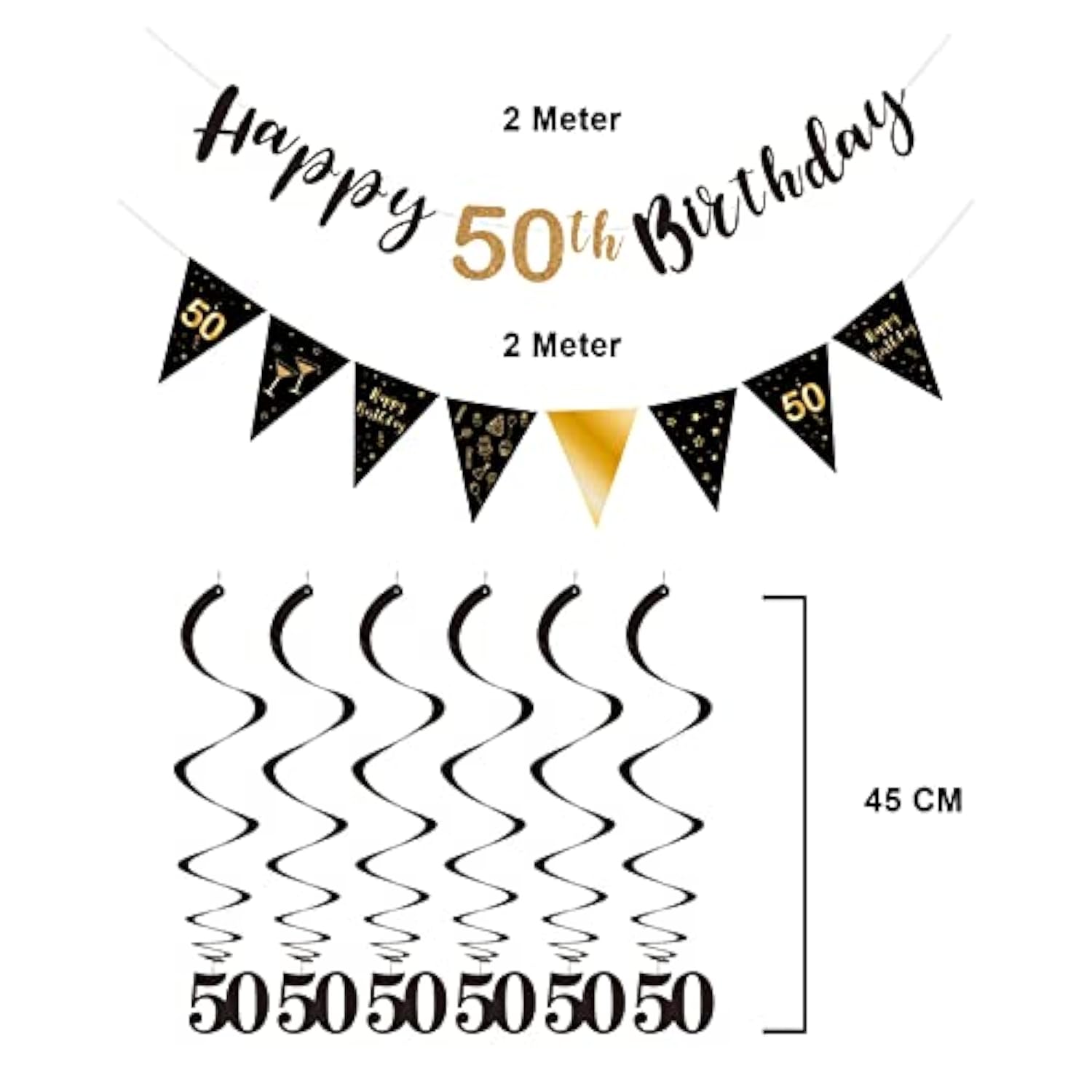 Black-gold 50th birthday kit for men with banner, bunting, swirls & triangle flags