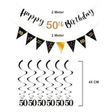 Black-gold 50th birthday kit for men with banner, bunting, swirls & triangle flags