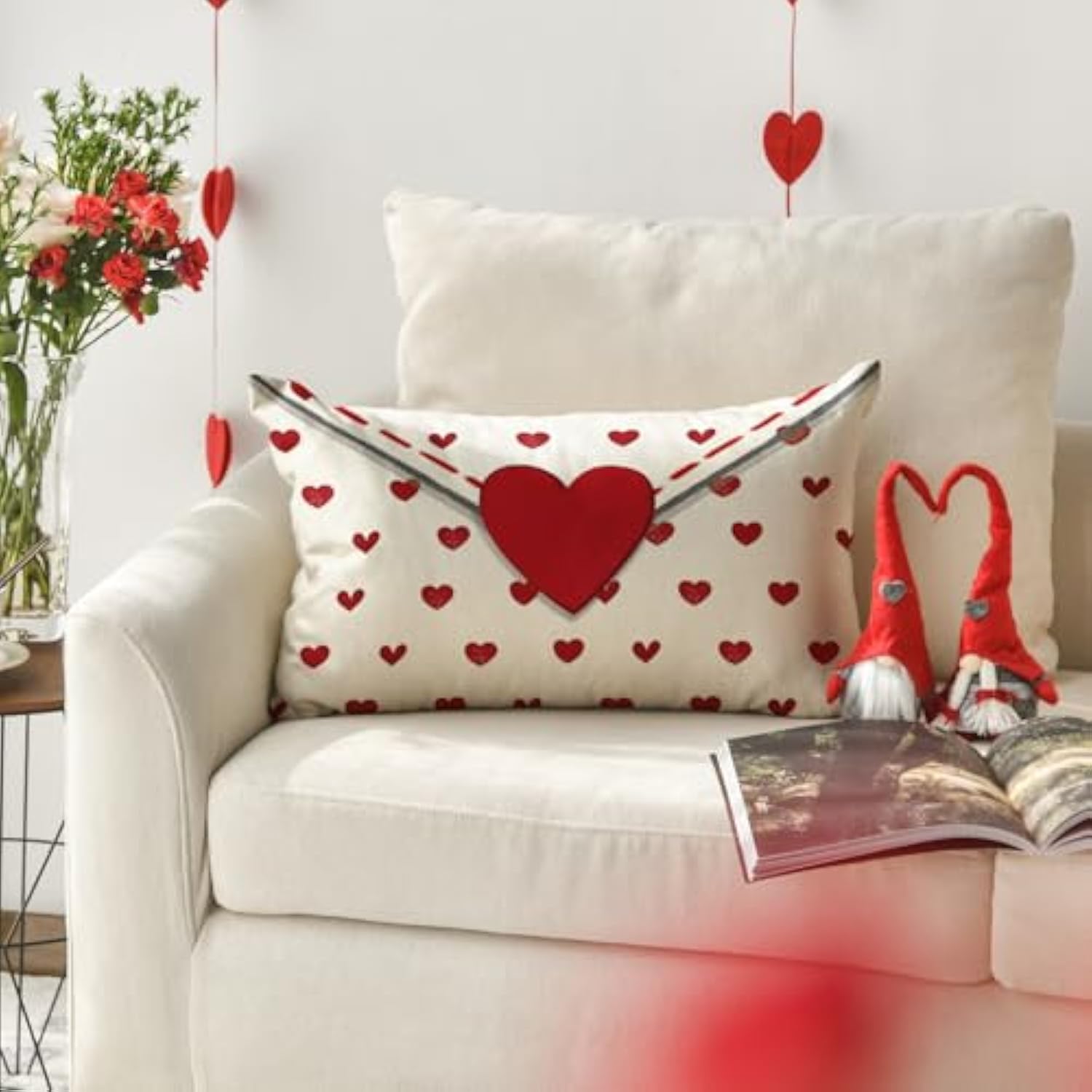Valentine'S Day Envelope Throw Pillow Cover, 12 X 20 Inch Red Heart White Anniversary Wedding Cushion Case Decoration For Sofa Couch