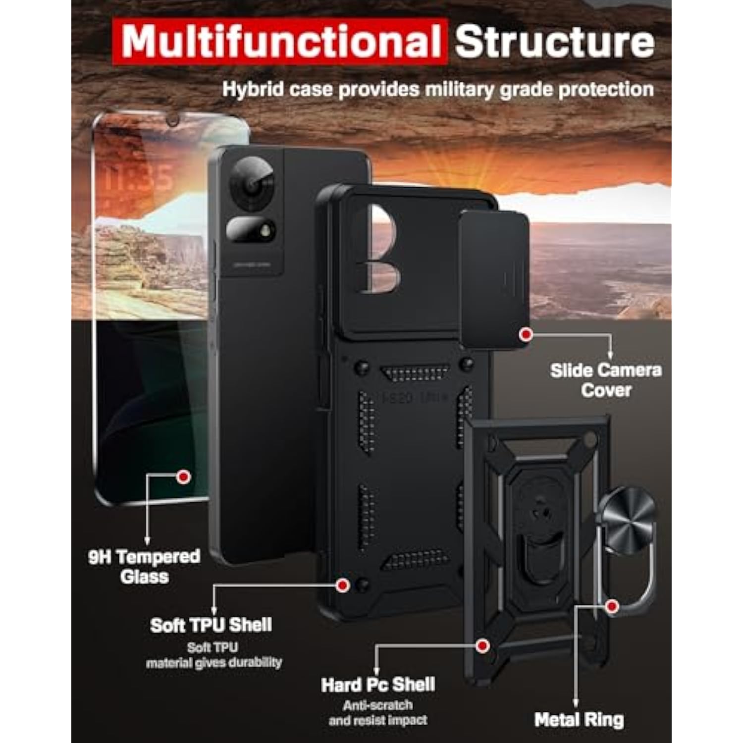 For Tcl 50 Le-Phone Case 4G: With Slide Camera Cover+Glass Screen Protector, Military-Grade Shockproof Cell Unlocked Phone Cover Funda Para With Magnetic Ring Holder Stand For Tcl 50 Le, Black