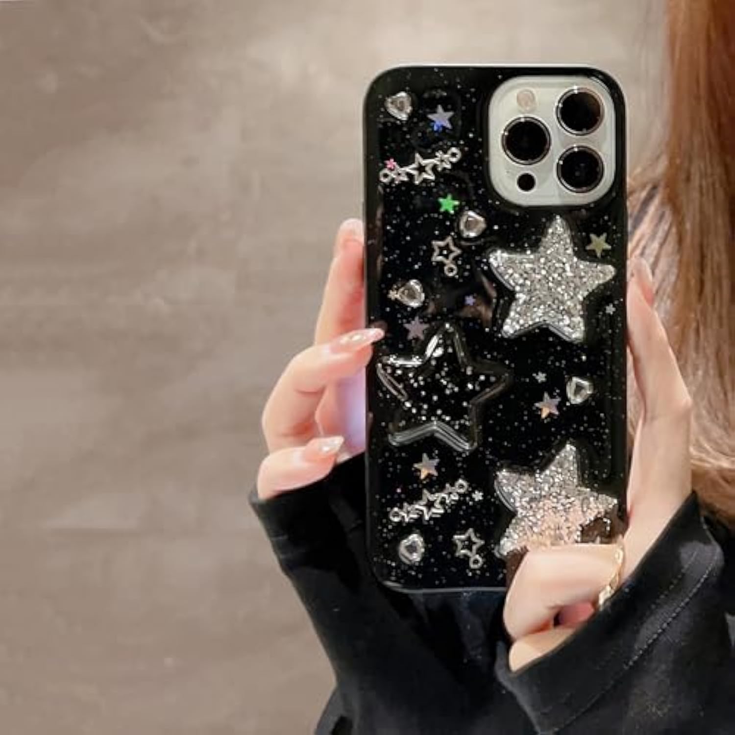 For Iphone 16 Pro Max Case Bling Stars 3D Hearts Diamond Twinkle Star Glitter Y2K Spark Luxury Girly Aesthetic Personalized Design For Women Girls Teens Tpu Case, 6.9", Black