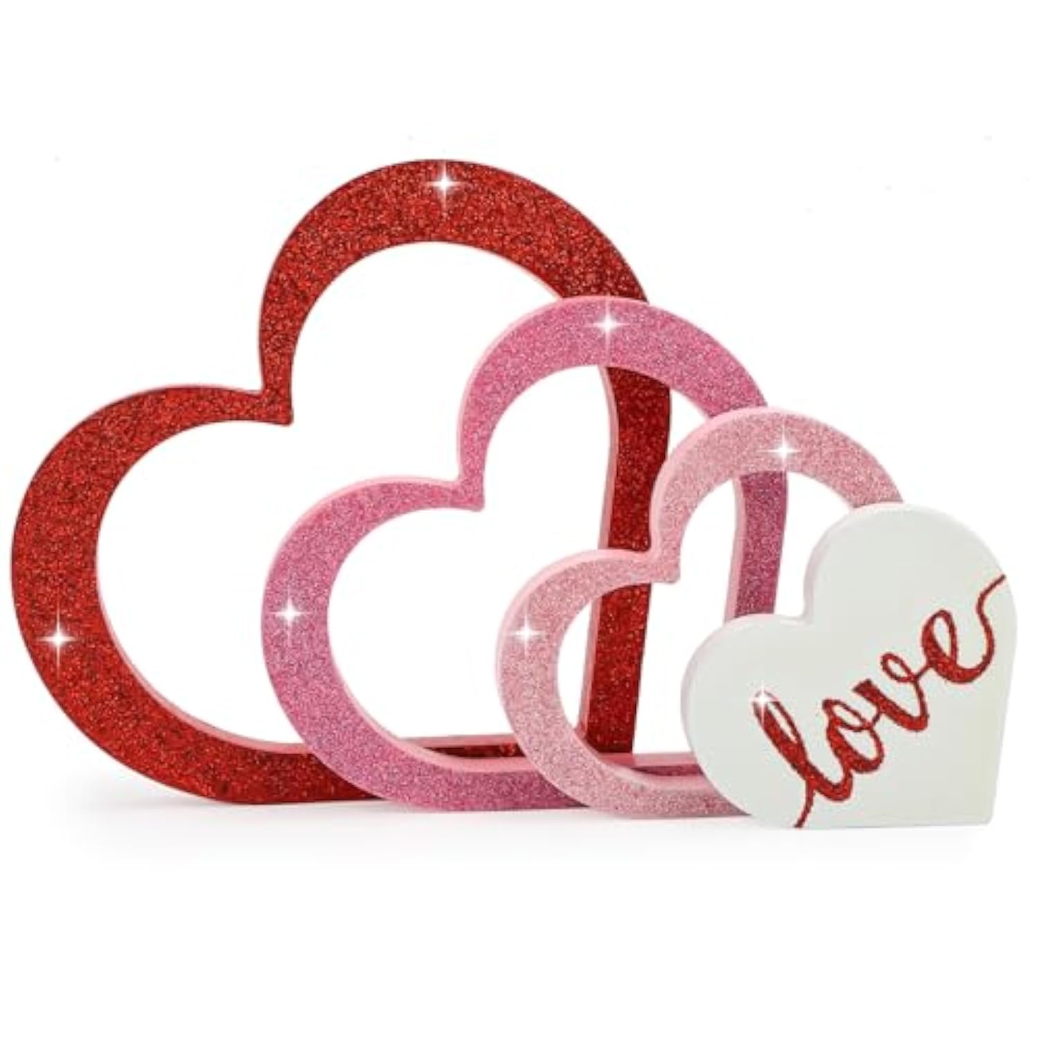 Wooden Hearts Valentine'S Day Decorations Indoor, Wood Heart Blocks Tiered Tray Decor Set Of 4, Red Pink White Valentine Decoration For Table Desk Home Party Office Shelf Door (Glitter)