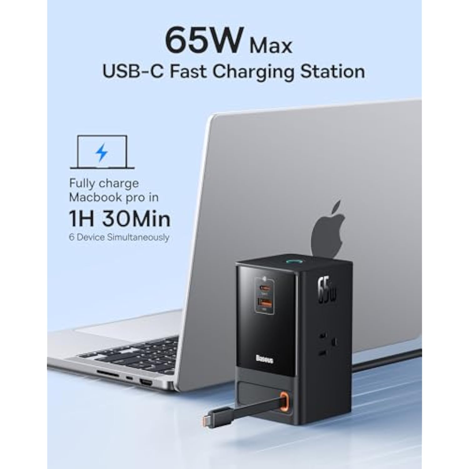Baseus 6-in-1 65W Charging Station with Retractable USB-C Cable, Power Combo USB C Power Strip for Multiple Devices, Fast Charger for iPhone, MacBook, Samsung, PS5 for Home/Office/Dorm/Travel