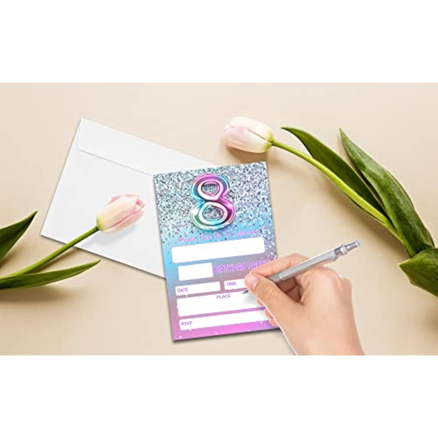 8Th Birthday Party Invitations For Girls Or Boys, Silver Glitter Theme Birthday Parties Supplies Decorations, Rainbow Balloons Fill-In Invites(20 Invitations And Envelopes)-D04
