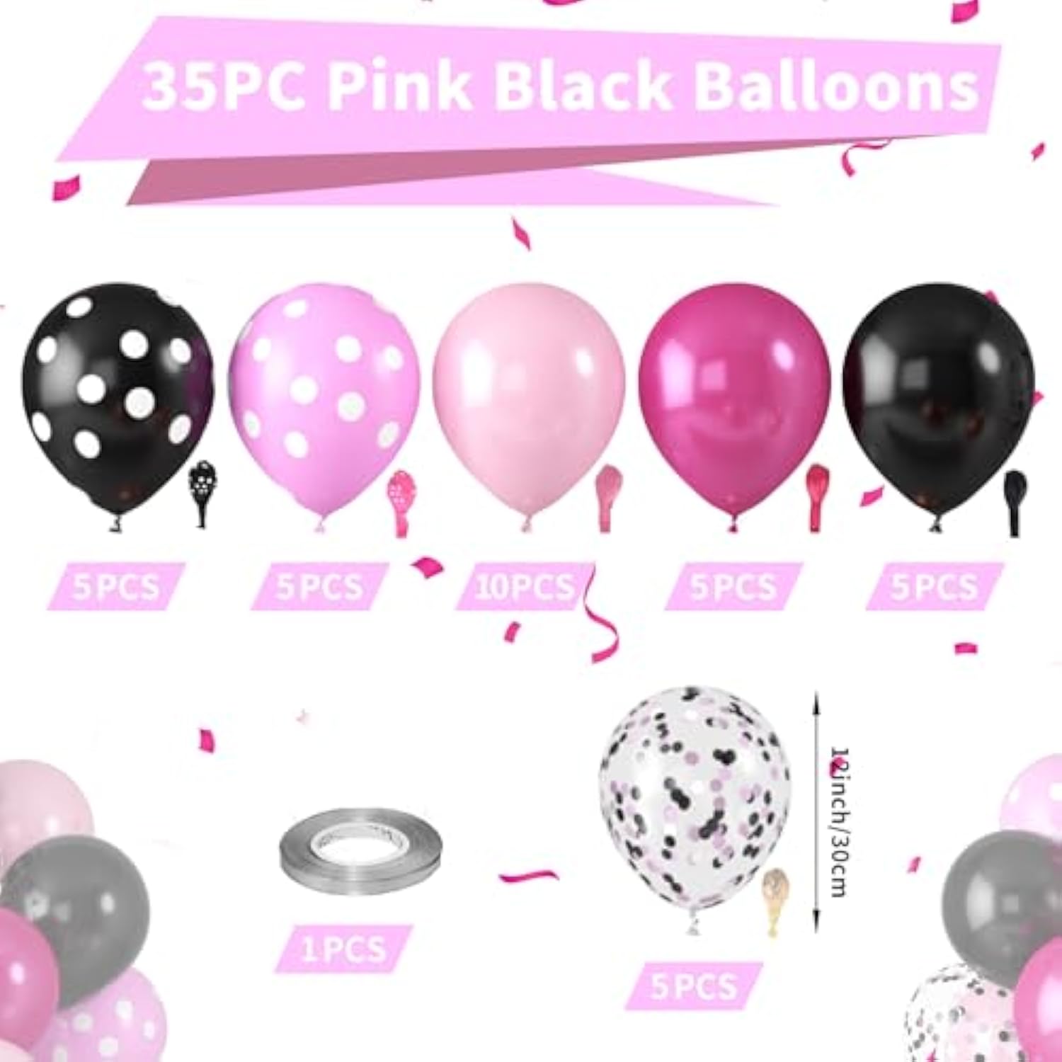 Pink And Black Balloons, Hot Pink Balloons Pink White Dots Black White Dots Balloon With Black Pink Confetti Balloon For Girls Women Birthday Baby Bridal Shower Wedding Mouse Theme Party Decorations