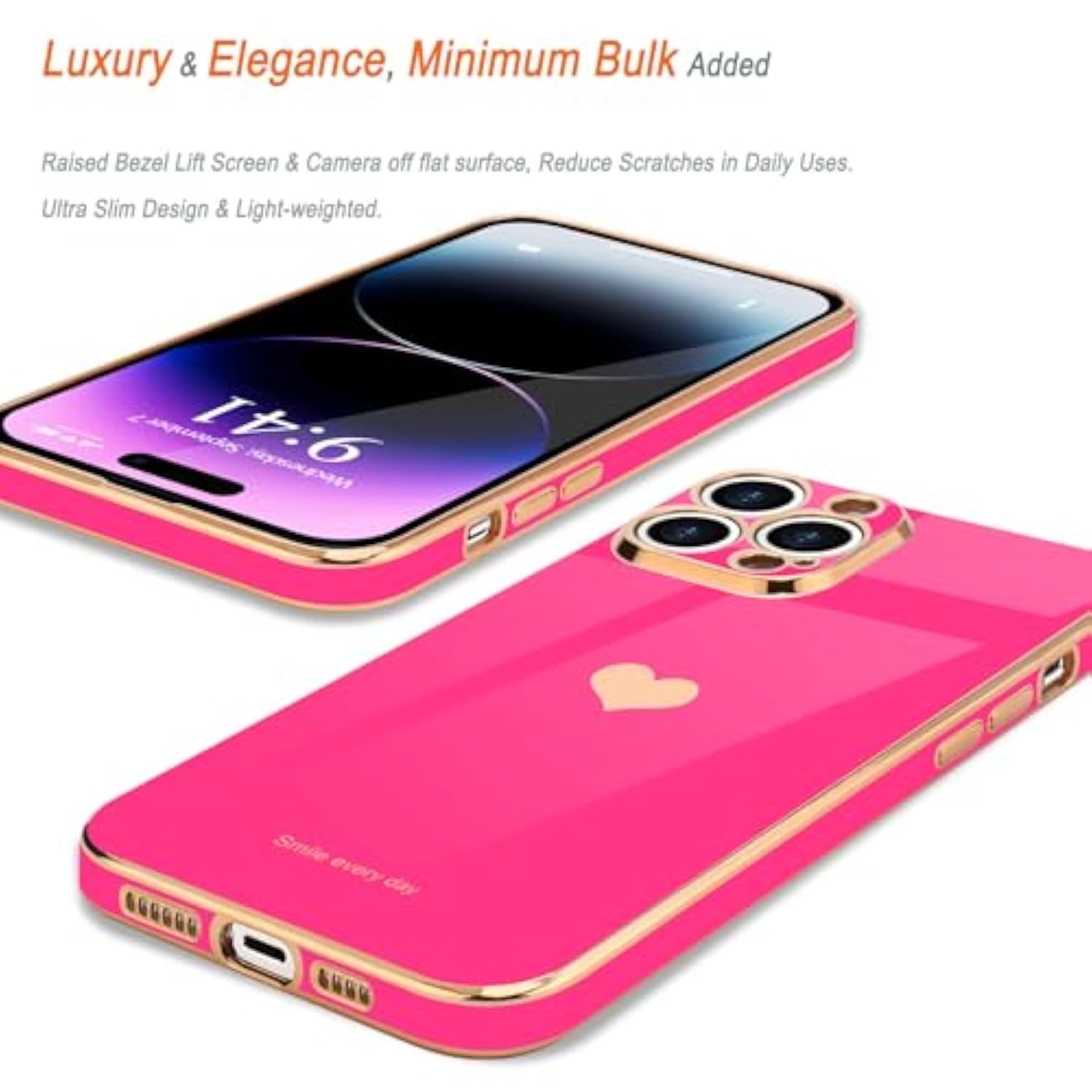 Compatible With Iphone 14 Pro Case For Girl Women Cute Love-Heart Luxury Bling Soft Back Cover Raised Camera Protection Bumper Silicone Shockproof Phone Case For Iphone 14 Pro, Hot Pink