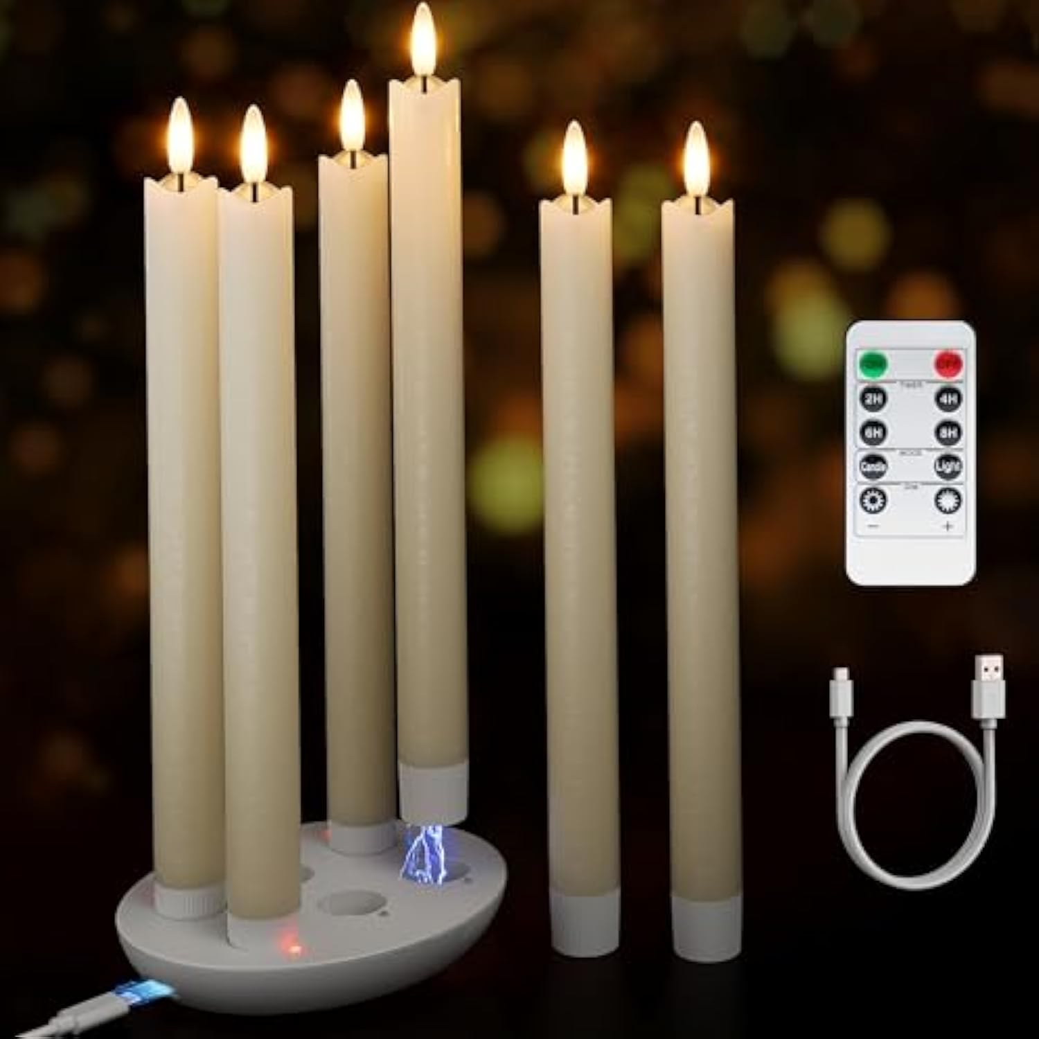 Rechargeable Flameless Taper Candles With Charging Station, 6 Pcs Real Wax Led Taper Candles Flickering With Remote&Timer, 3D Flame Battery Candlesticks For Home Wedding Christmas Decor (Ivory)