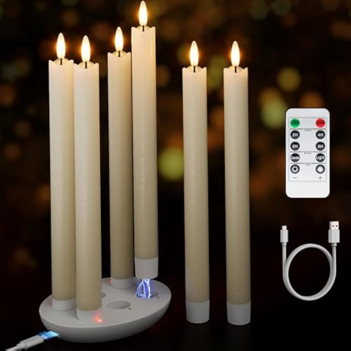 Rechargeable Flameless Taper Candles With Charging Station, 6 Pcs Real Wax Led Taper Candles Flickering With Remote&Timer, 3D Flame Battery Candlesticks For Home Wedding Christmas Decor (Ivory)