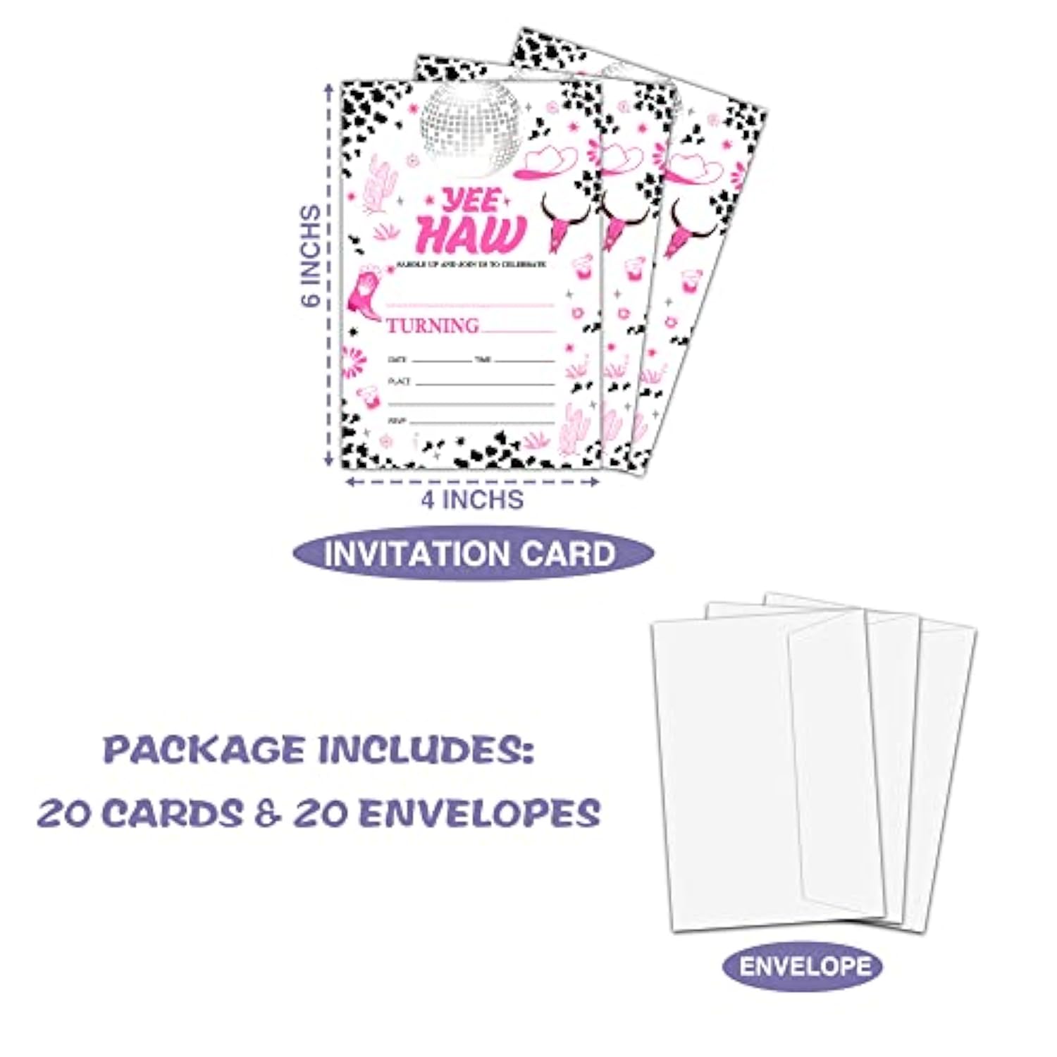 Space Cowgirl Birthday Party Invitation, Pink Disco Cowgirl Themed Fill-In Invites, 20 Invitations With Envelopes (4" X 6"), Adults Nashville Rodeo Party Favors Decorations And Supplies -42