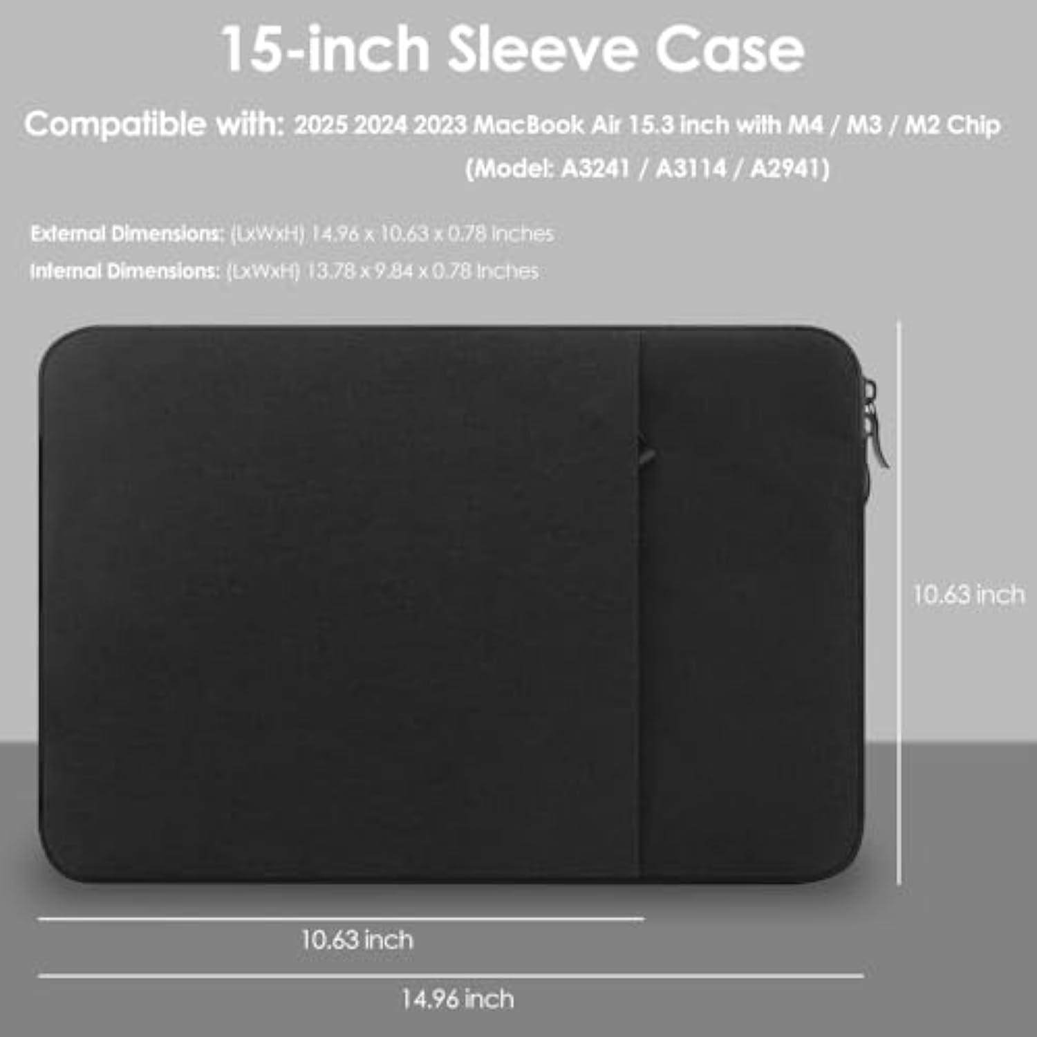 15-Inch Laptop Sleeve Case For 2025-2023 Macbook Air 15 Inch With M4 M3 M2 Accessory Traveling Carrying Case Water-Resistant Bag Cover For Macbook Air 15'' 2025 2024 2023 M4 M3 M2 (Black)