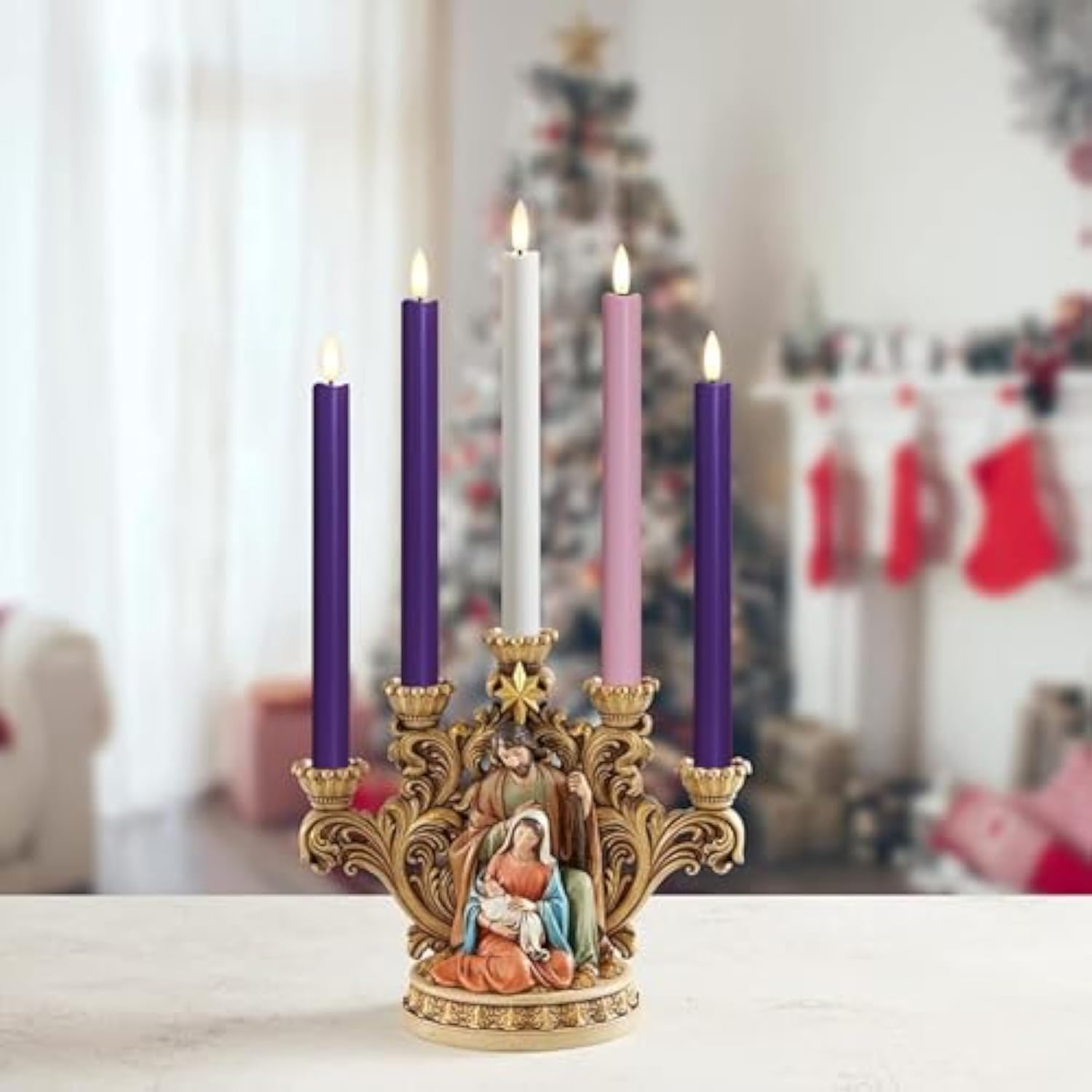 Flameless Advent Candles, Set Of 5 - Flickering Led Flame, 10 Inch Taper Candlesticks, Remote Controlled - 3 Purple, 1 Pink, 1 White For Christmas Wreath