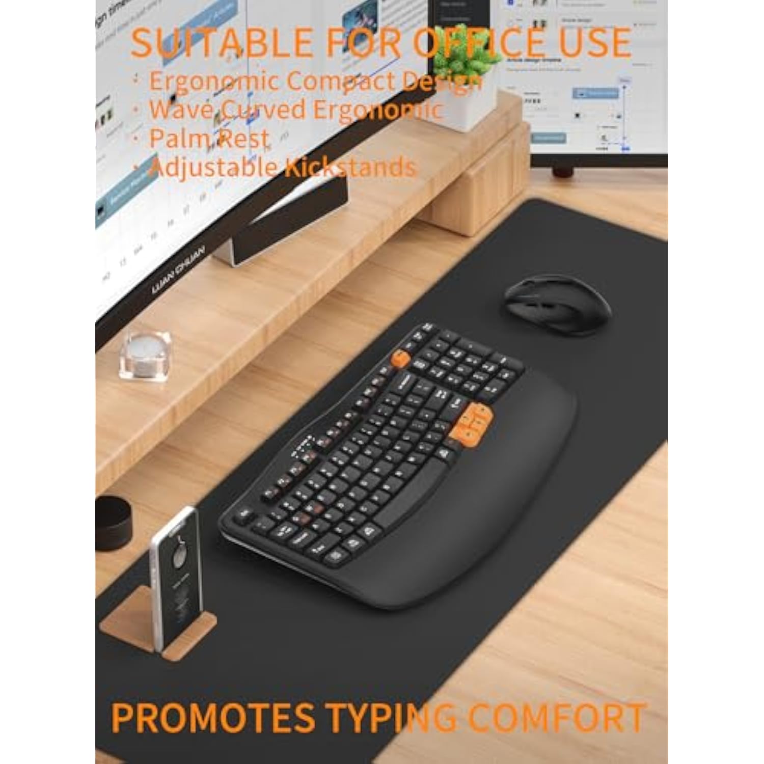 Wireless Keyboard And Mouse Combo, 2.4G Wave Keys Ergonomic Keyboard With Palm Rest And 3 Dpi Silent Mouse, Compact Size For Natural Typing, Spill-Resistant, For Windows/Pc/Laptop/Mac(Black)