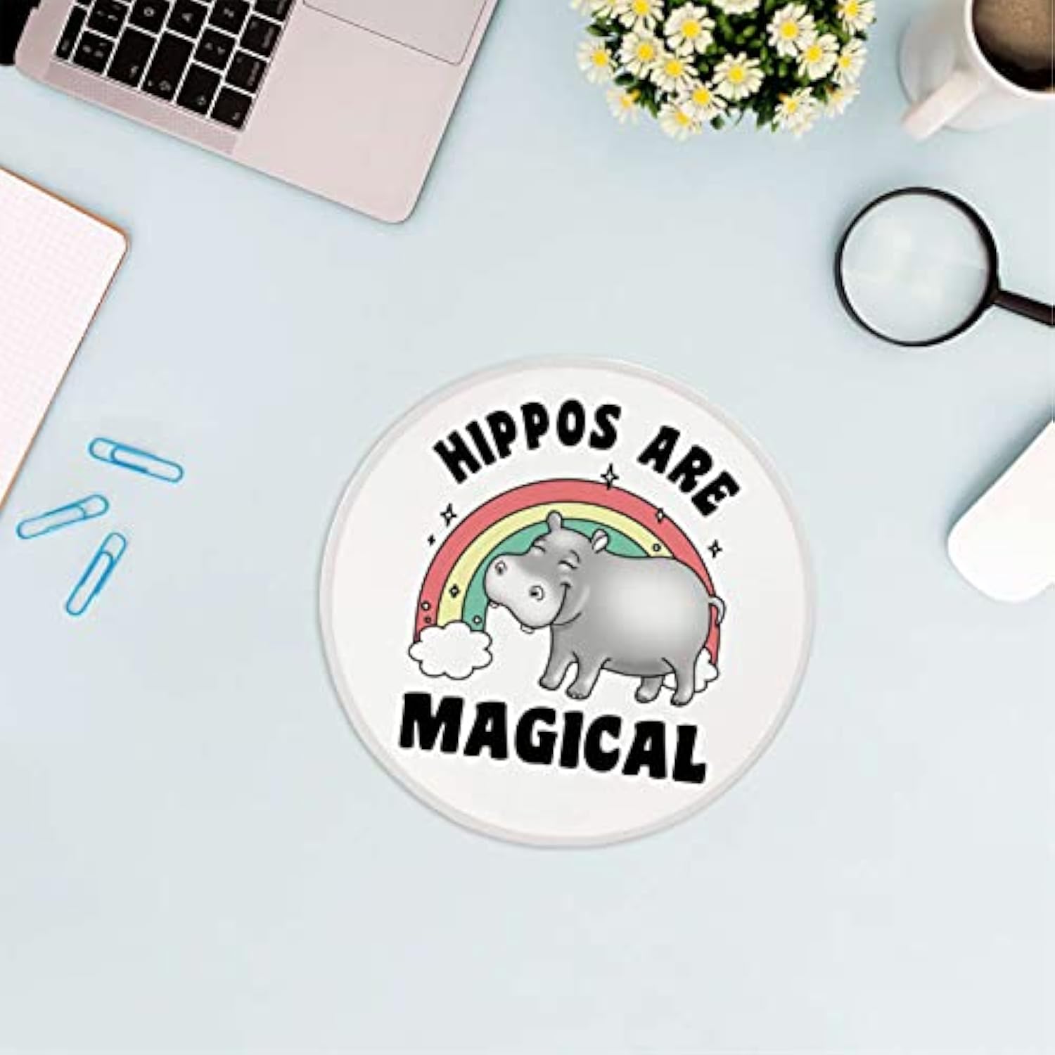 Hopes Are Hippos Mouse Pad 7.9 X 7.9 Inch,Cute Cartoon Wild Animal Hippo Rainbow Non-Slip Rubber Base Mousepads For Home Office College Dorm Desk Decor,Gifts For Hippo Lovers Girls