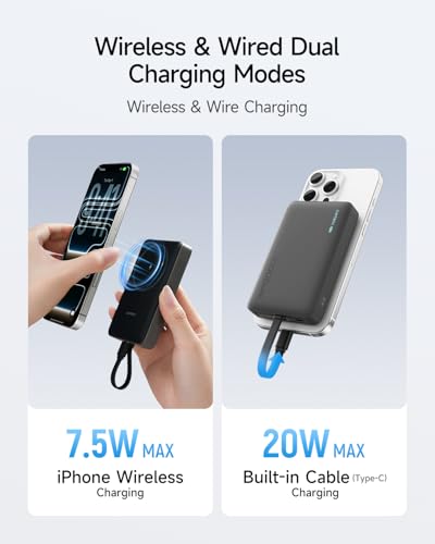 Magnetic Power Bank, 10000mAh Portable Charger, 20W Fast Charging & 7.5W Wireless, Built-in USB-C Cable, Battery Pack for iPhone 15/16/17 Series,