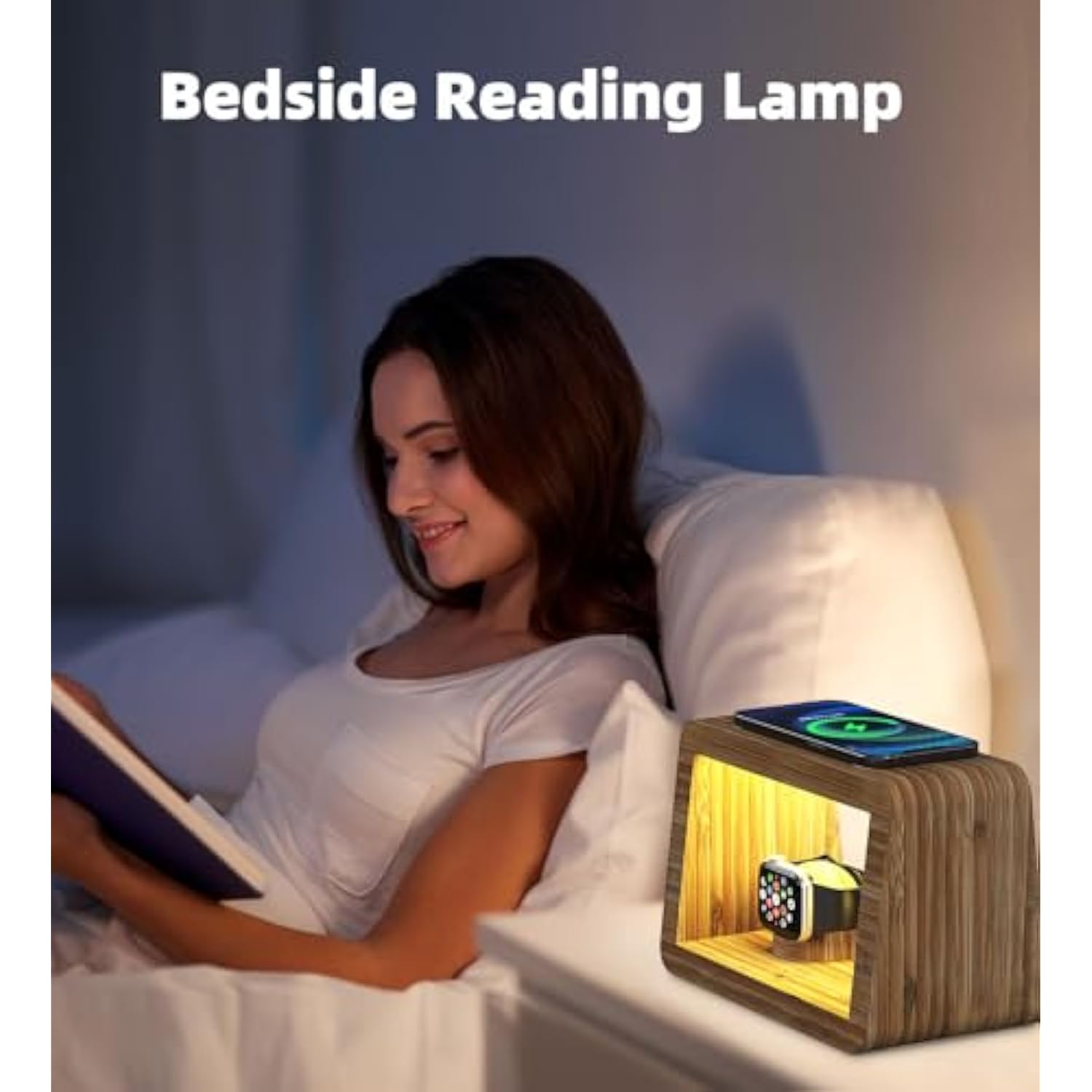 Bamboo Charging Station For Multiple Devices, 15W Fast Wireless Charger Night Light With 3 Color & 4 Adjustable Brightness, Night Stand Charger Station For Iphone/Iwatch/Airpods/Samsung With Adapter