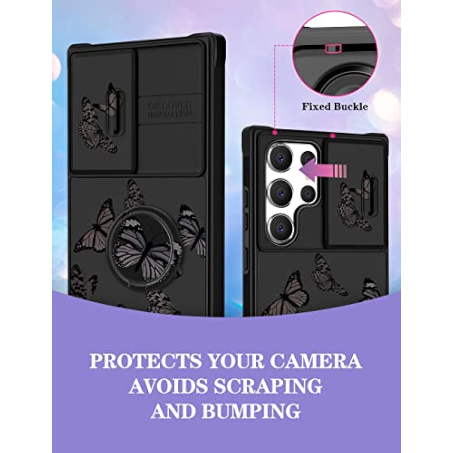 (2In1 For Samsung Galaxy S23 Ultra Case Black Butterfly For Women Girls Girly Phone Cover Cute Butterflies Design With Slide Camera Cover+Ring Holder Fashion Cases For S23 Ultra 5G 2023 6.8''