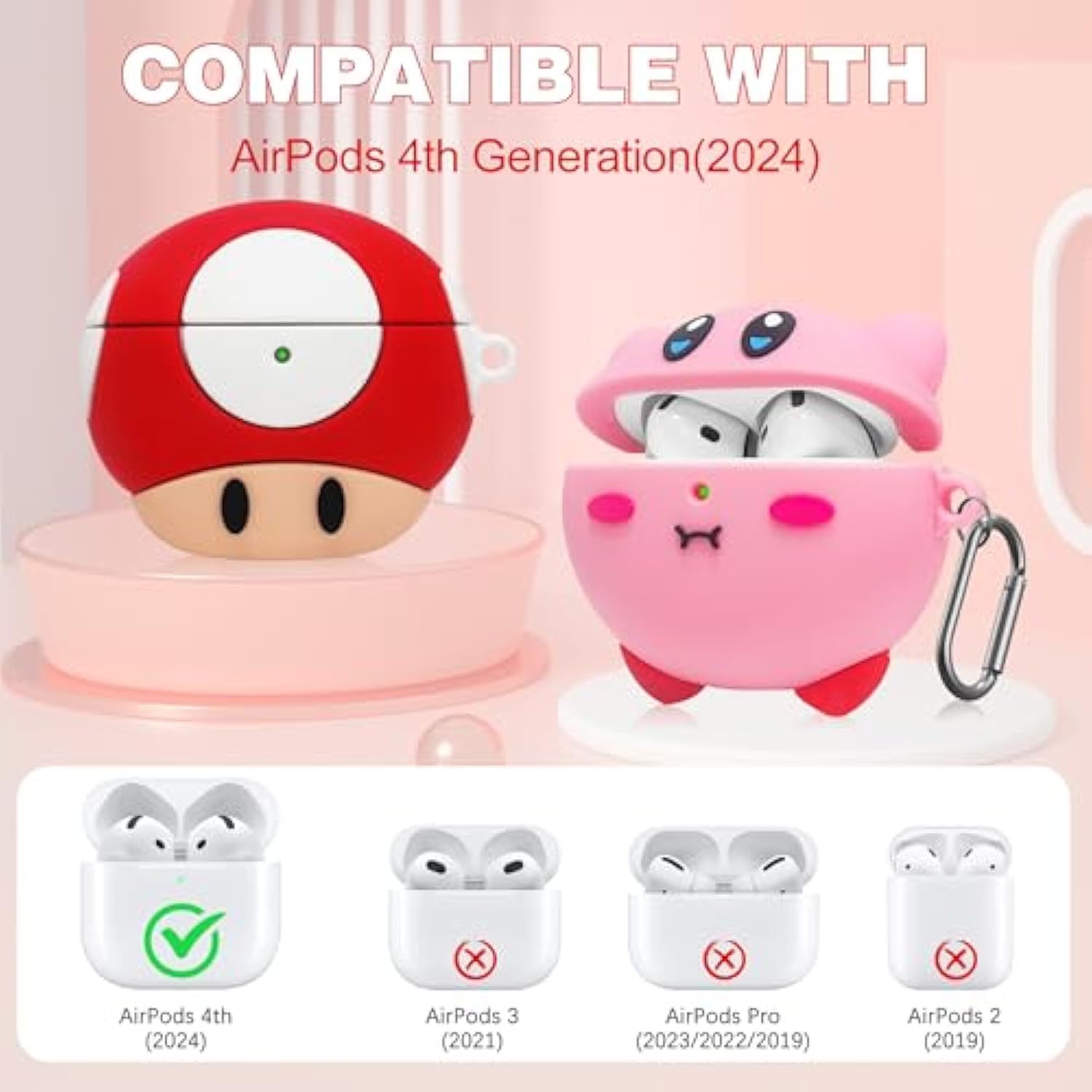2 Pack Cute Case For Airpods 4Th Generation Case, Anime Funny Soft Silicone Cover With Cleaning Kit & Keychain, Shockproof Protective Cover For Kids Women, For Apple Airpods 4 2024, Pink & Red