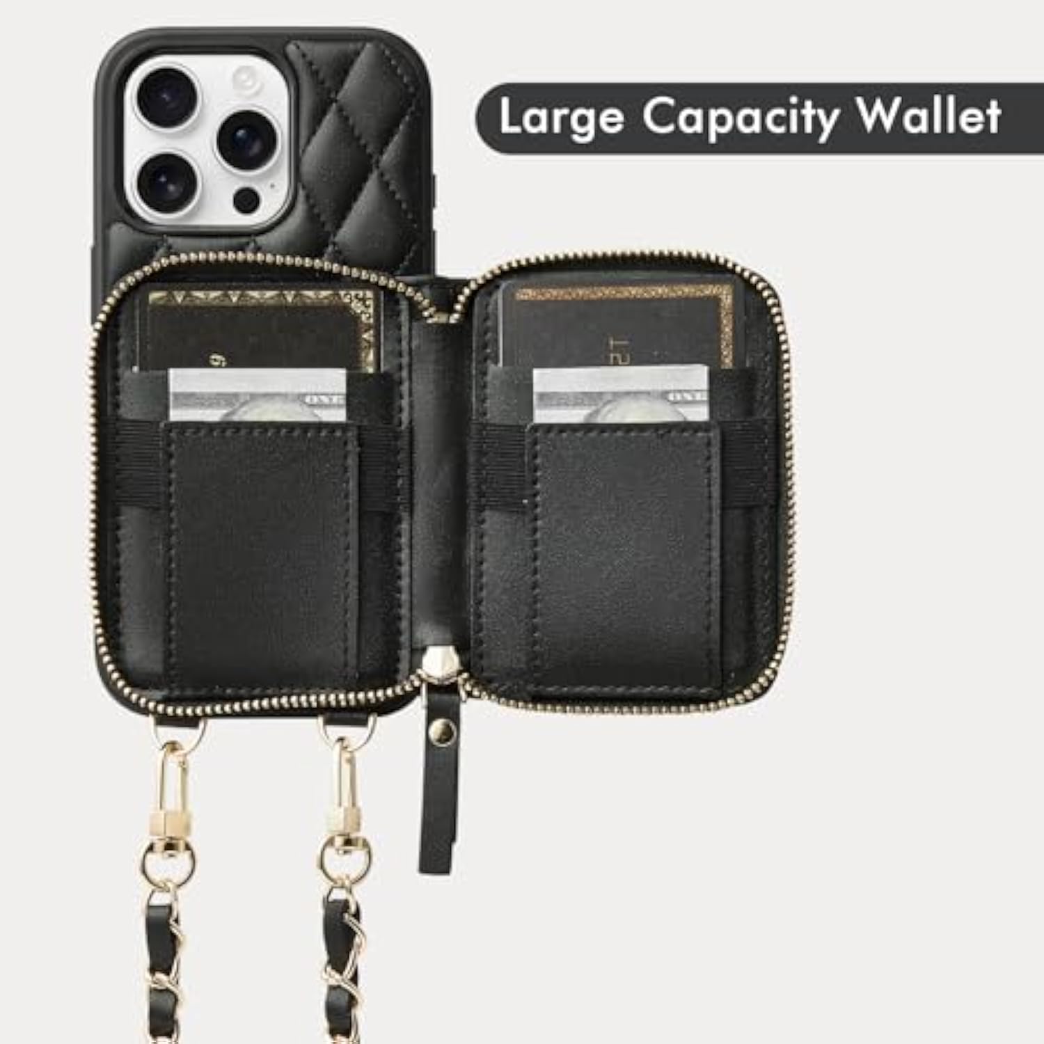 Compatible With Iphone 16 Pro Case Wallet With Card Holder,Rfid Blocking Wrist Strap Crossbody Phone Cover For Women For Iphone 16 Pro 6.3" Black
