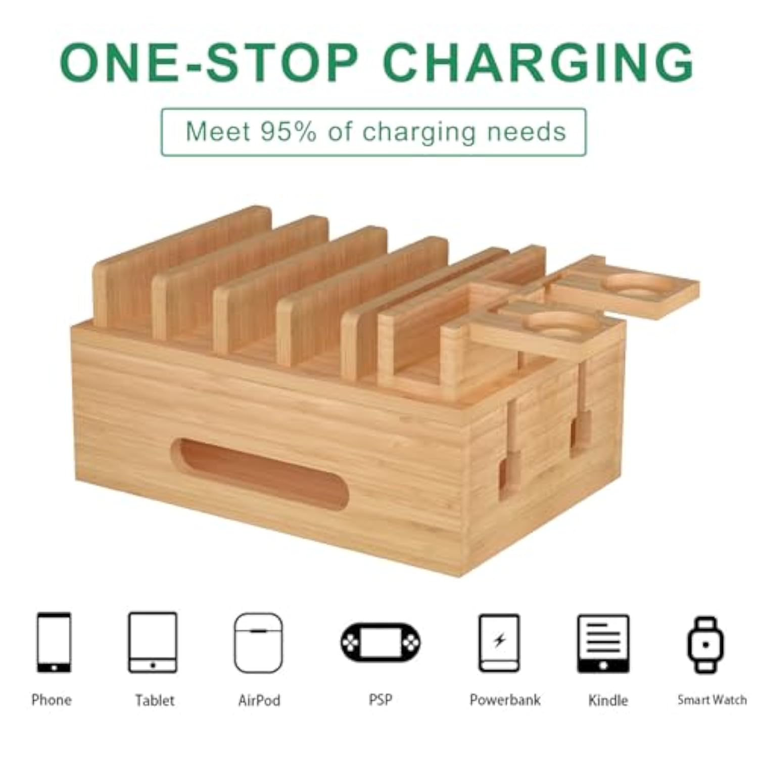 Bamboo Charging Stations For Multi Devices With 5 Port Usb Charger, 6 Cables, Desktop Wood Docking Station Charger Organizer For Cell Phones, Tablets,Earphone, Watches