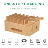 Bamboo Charging Stations For Multi Devices With 5 Port Usb Charger, 6 Cables, Desktop Wood Docking Station Charger Organizer For Cell Phones, Tablets,Earphone, Watches