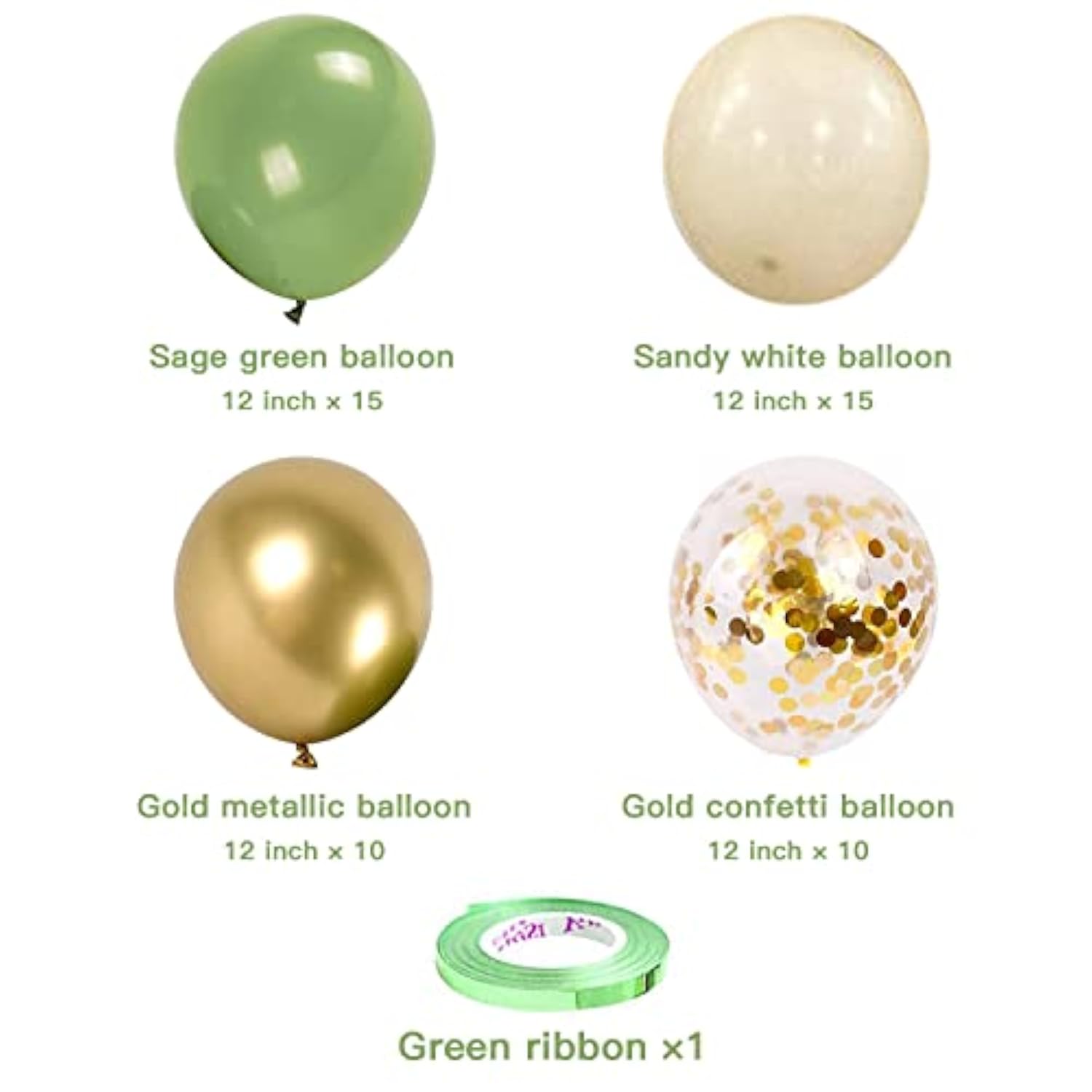 50PCS Sage Green & Gold Balloons – Olive, Blush, Confetti Balloons for Party Decorations