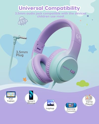 Kids Headphones, 74/85/94dB Volume Limiter, Foldable Wired Over Ear Headphones for Travel, 3.5mm Jack, Toddler Headphones for School, Chromebook,