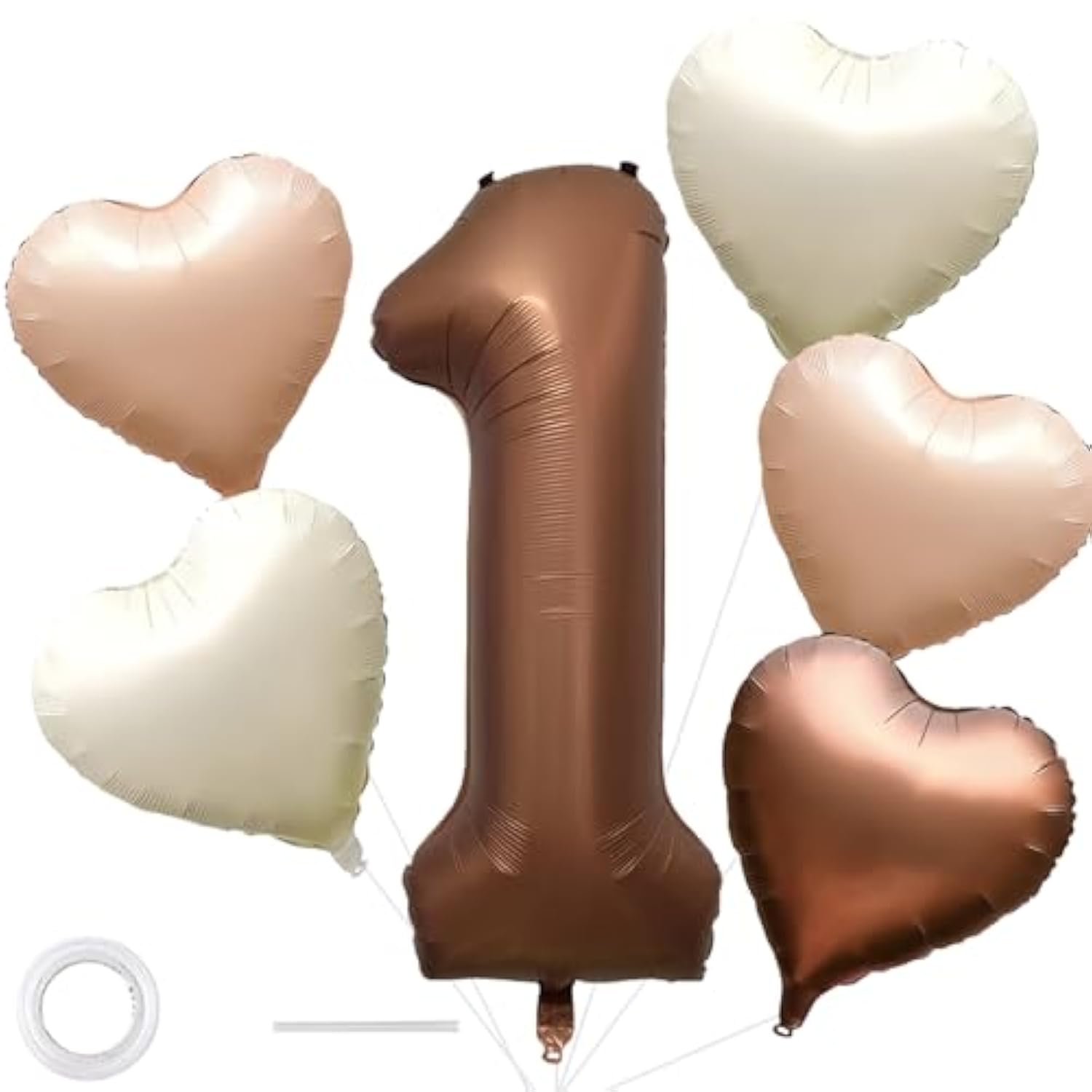 40 Inch Chocolate Number 1 Birthday Balloons Brown Large Big Foil Helium Mylar Number Balloon With 5Pcs Heart Balloons For First One Year Girl Boy 1St Birthday Decor
