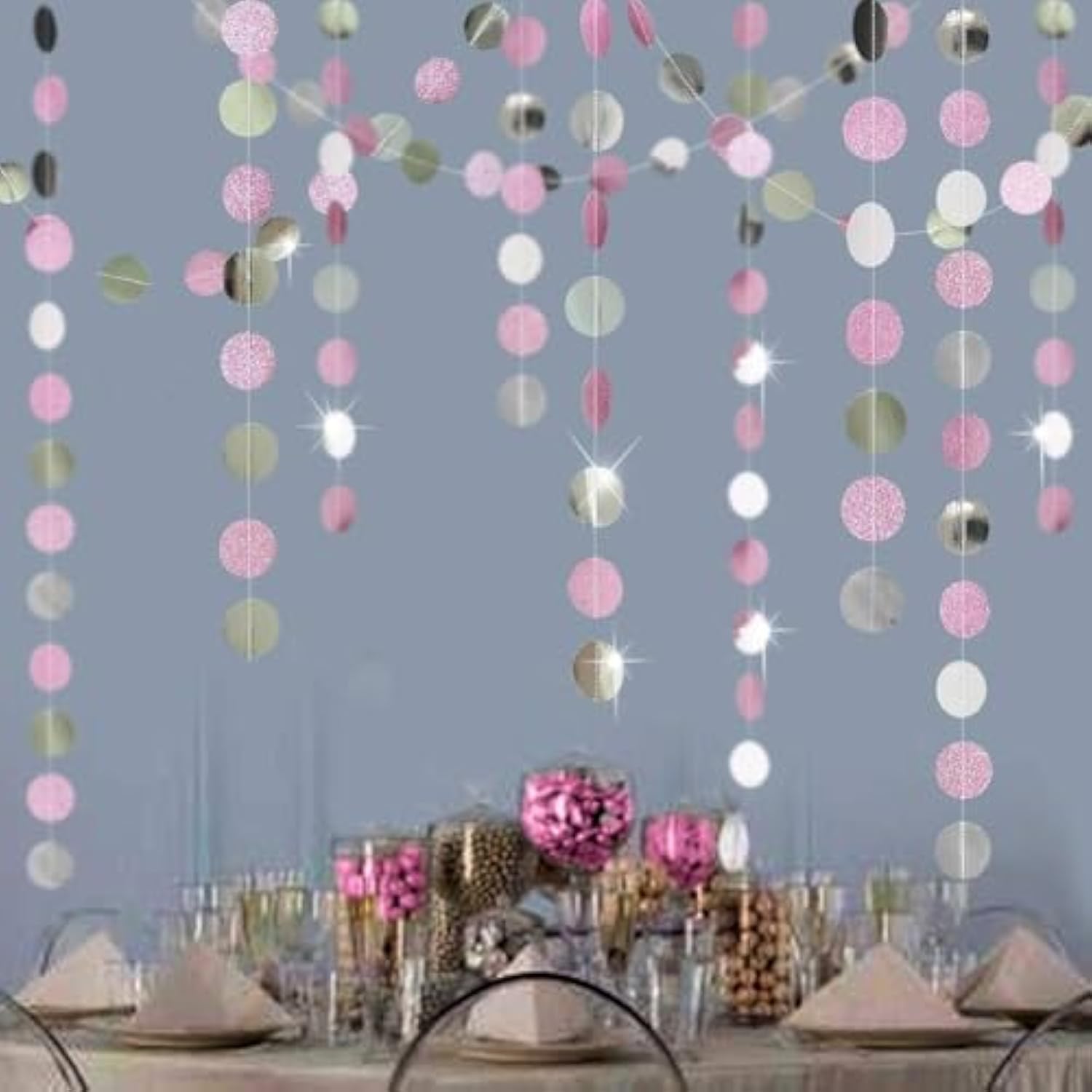 Pink Silver Glitter Dot Garland Party Decorations Circle Streamers For Birthdays Baby Showers Bridal Showers Gender Reveals Baby Gender Reveal Christmas New Year'S Eve Graduation