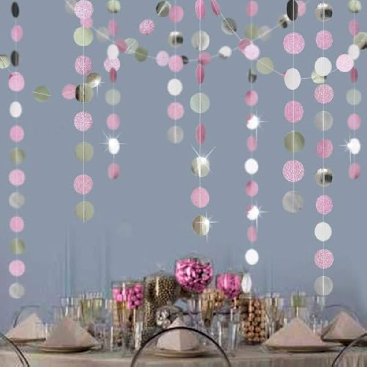 Pink Silver Glitter Dot Garland Party Decorations Circle Streamers For Birthdays Baby Showers Bridal Showers Gender Reveals Baby Gender Reveal Christmas New Year'S Eve Graduation