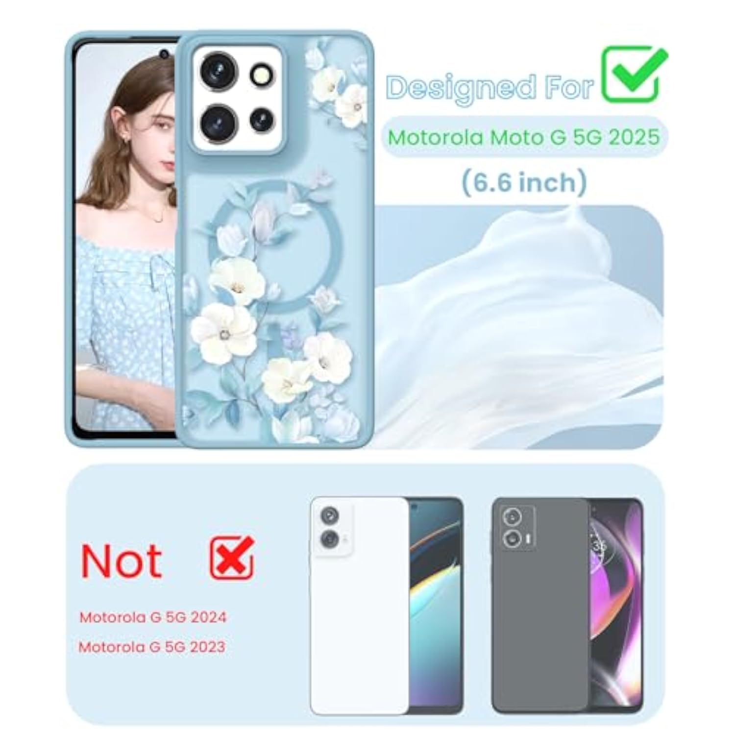 For Motorola Moto G Power 5G 2025 Floral Phone Case With 2X Screen Protector, Military Grade Magnetic Translucent Matte Girls Women Flower Pattern Protective Cover (Blue)