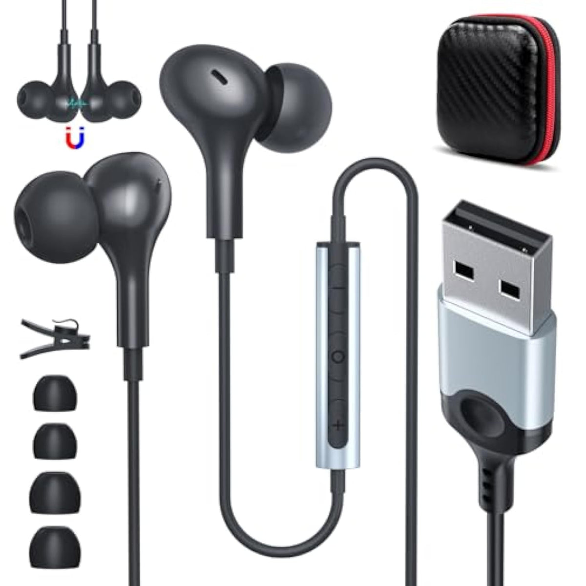 Usb Headset With Microphone For Pc 7.5 Ft Cable, Usb A Headphones For Computer, Wired Usba Earbuds With Mute In-Line Stereo Noise Canceling Call Cord Laptop Earphones For Dell Surface Switch, Black