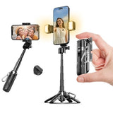Portable Selfie Stick Tripod with Dual Fill Lights & Bluetooth Remote 3-in-1 Pocket Size Phone Tripod with 2 Cold Shoe Mounts for iPhone Android Mini