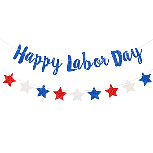 Happy Labor Day Banner, Red White Blue Glitter Star Sign