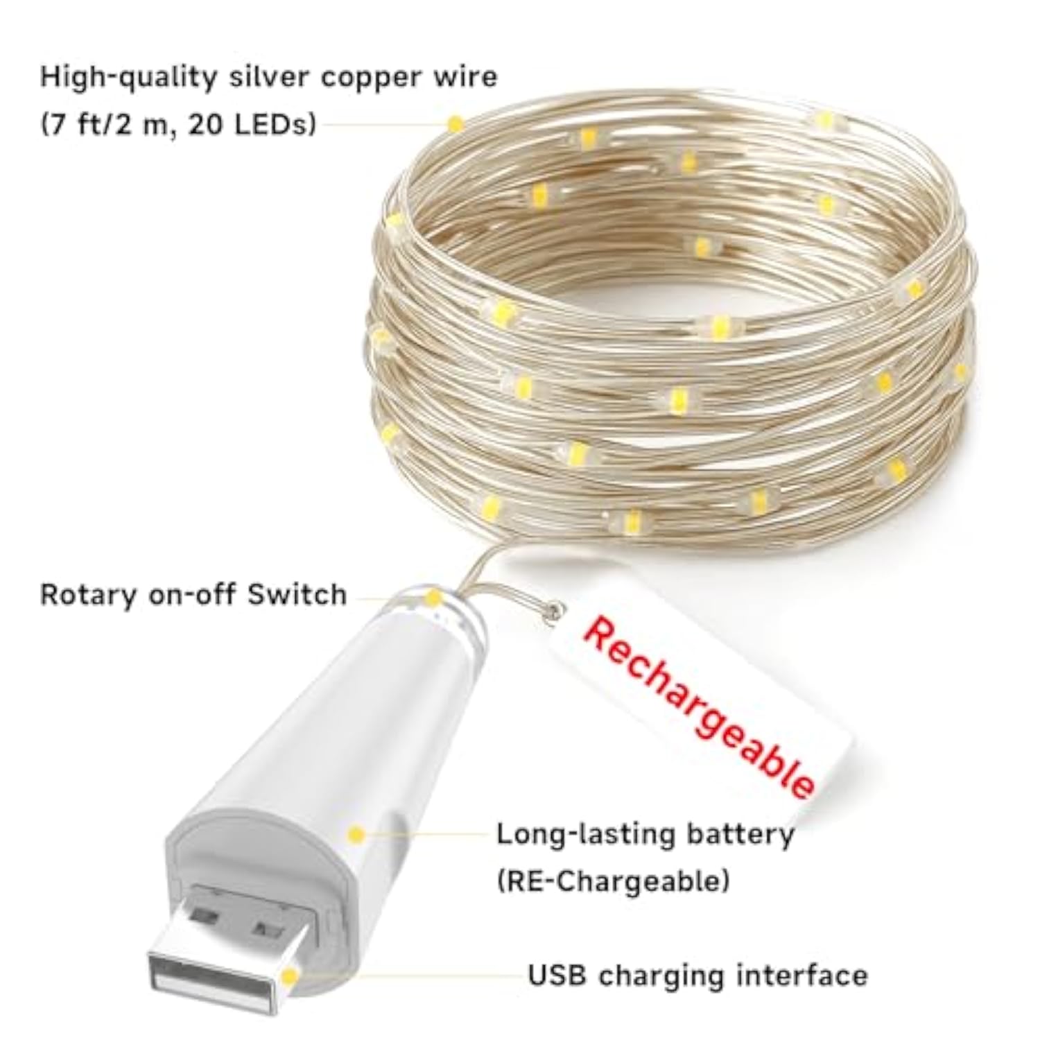 Rechargeable Fairy Lights - 7Ft 20 Led String Lights, Usb Rechargeable Battery Operated Twinkle Light For Mason Jars Wed