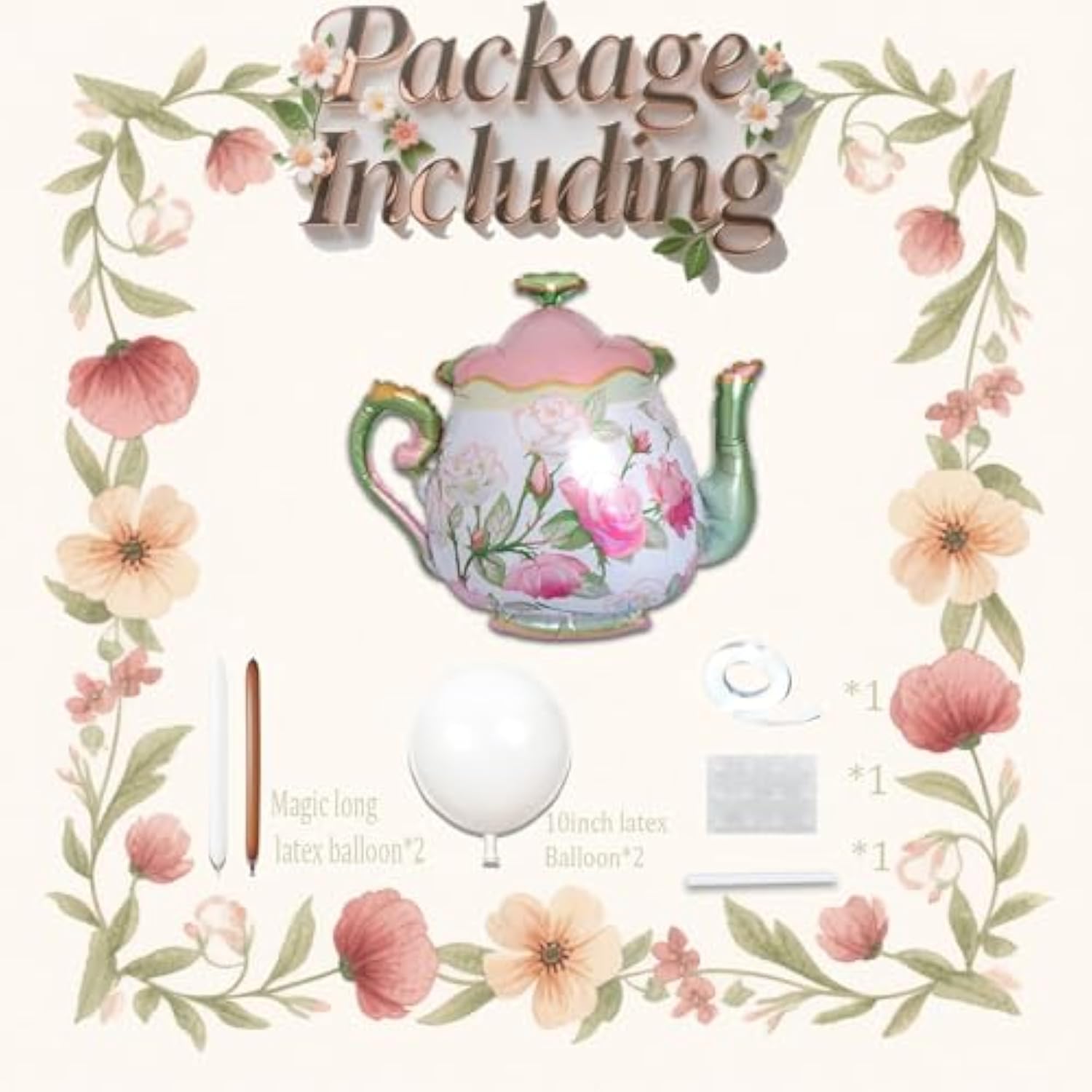 Étincelle Diy Helium-Ready Teapot Balloon Foil Pink And Green Floral Design, Lets Par-Tea 2 Pcs Suspended Spring Tea Time Lowtea Diy Party Balloons Theme Baby Shower First Birthday Decoration