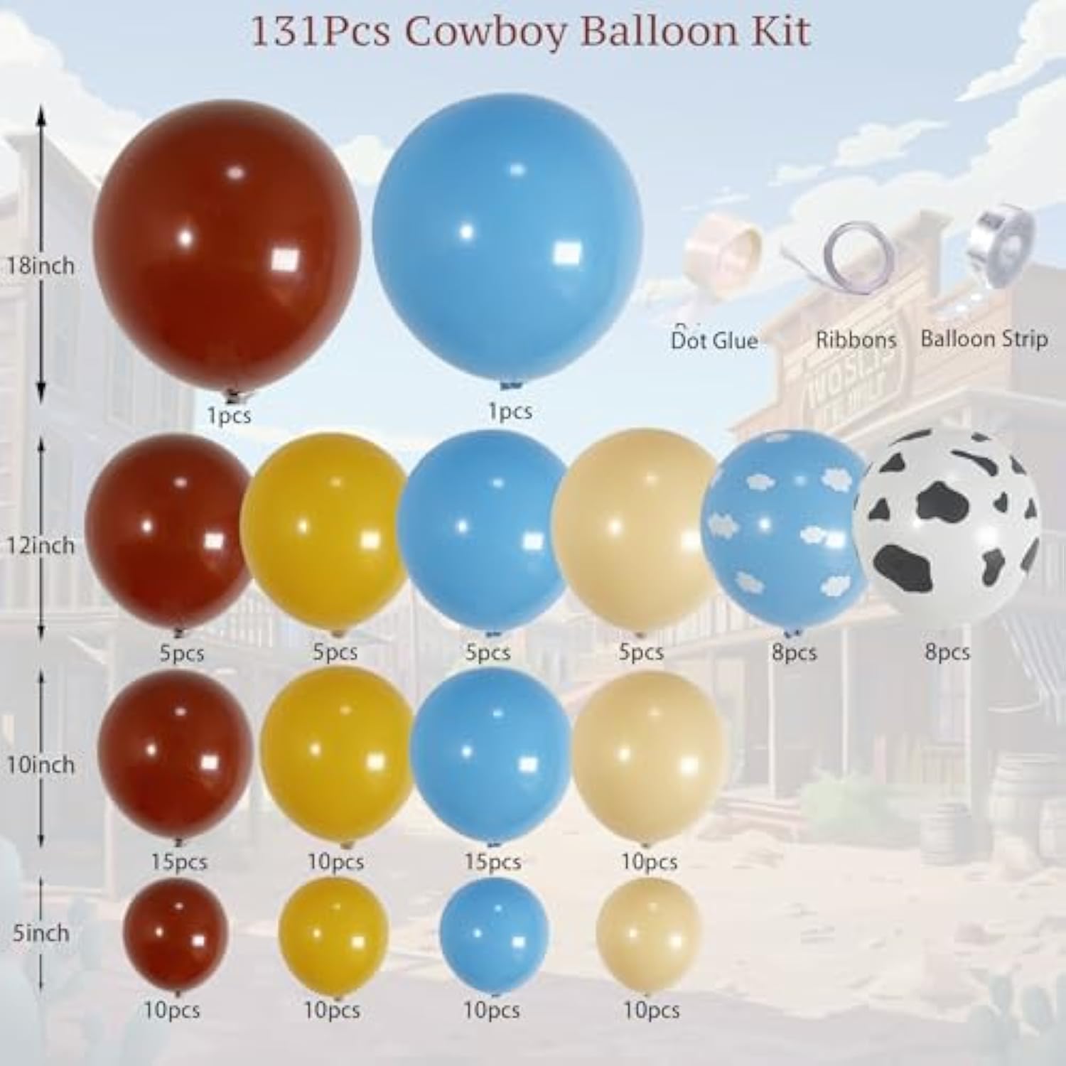 131Pcs Cowboy Balloon Garland – Brown, Blue, Cow Print for Rodeo & Farm Party