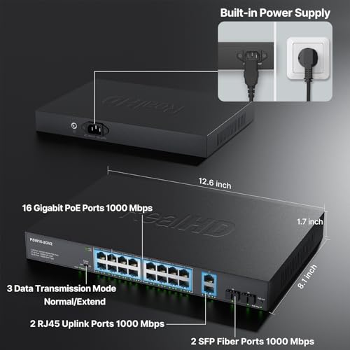 16 Port Full Gigabit Poe Switch With 2 *Gigabit Sfp Ports & Rj45 Ports, Unmanaged Plug And Play, High Power Total Budget 300W, 802.3Af/At Compliant, Fanless & Slience, Metal Housing, Rack Mount
