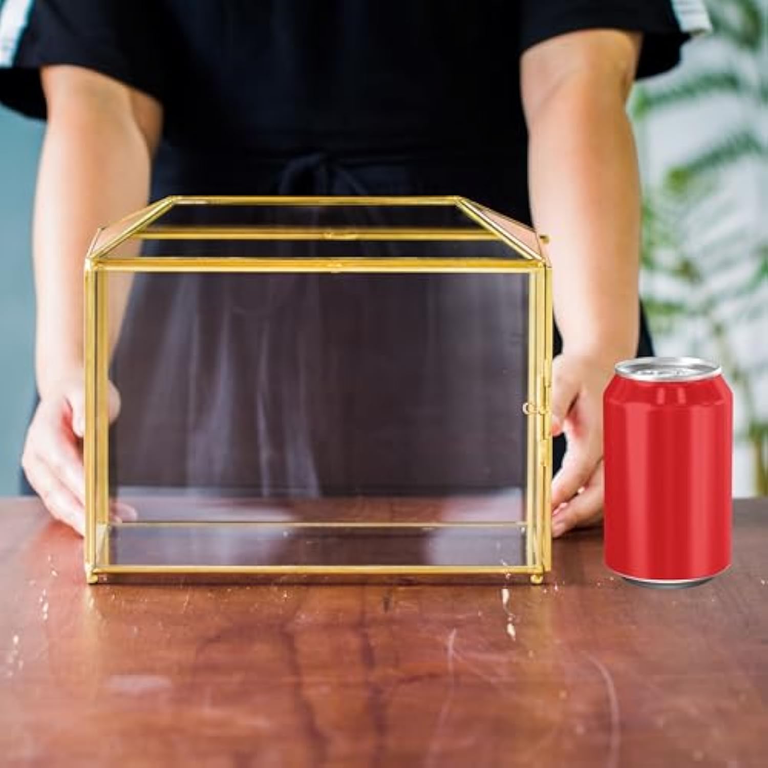 Small 10.2" X 5.9" X 7.9" Glass Cards Box With Slot And Lock For Wedding Reception - Home Birthdays Party Geometric Decorative, Gold - Slot Length 6.3 Inches (Glass Box Only)