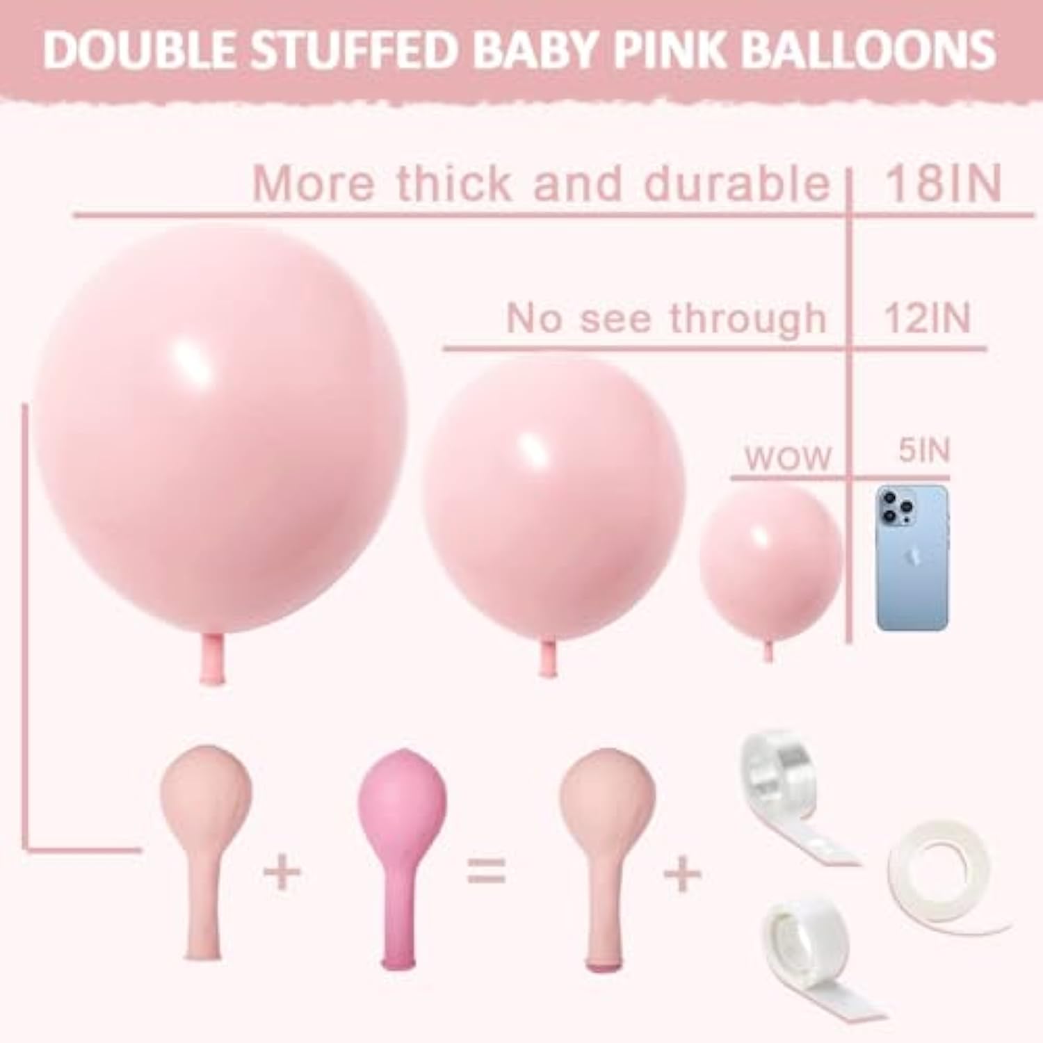 Pastel Light Pink Balloons Double Stuffed Pink Balloon Garland Arch Kit Different Sizes 18/12/5 Inch For Birthday Baby Shower Gender Reveal Bridal Party Decorations