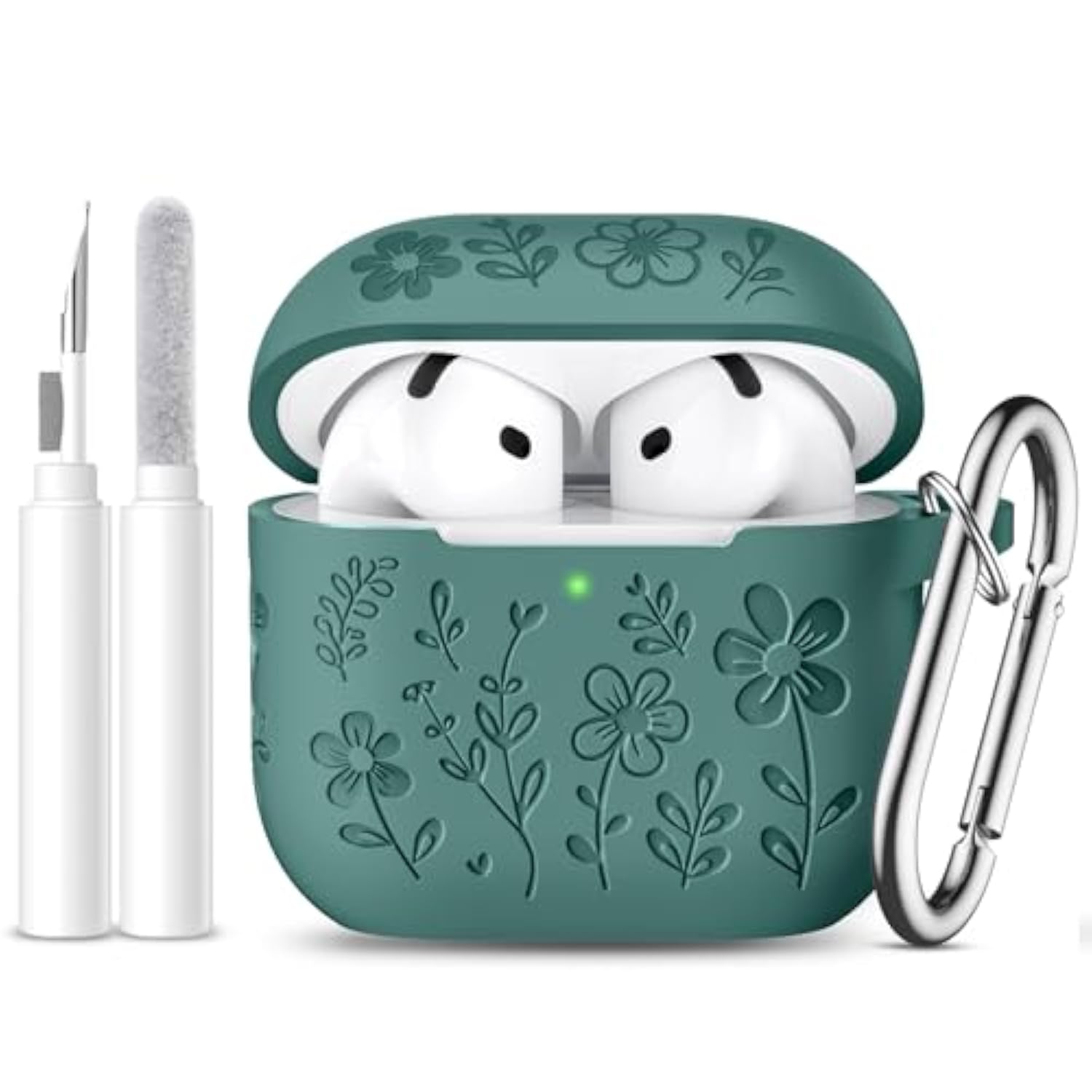 For Airpods 4 Case Cover(2024), Cute Flower Engraved Case Compatible With Apple Airpods 4,Soft Silicone Full Protective Case For Airpods 4 With Keychain & Cleaner Kit For Women,Men?Pinegreen?