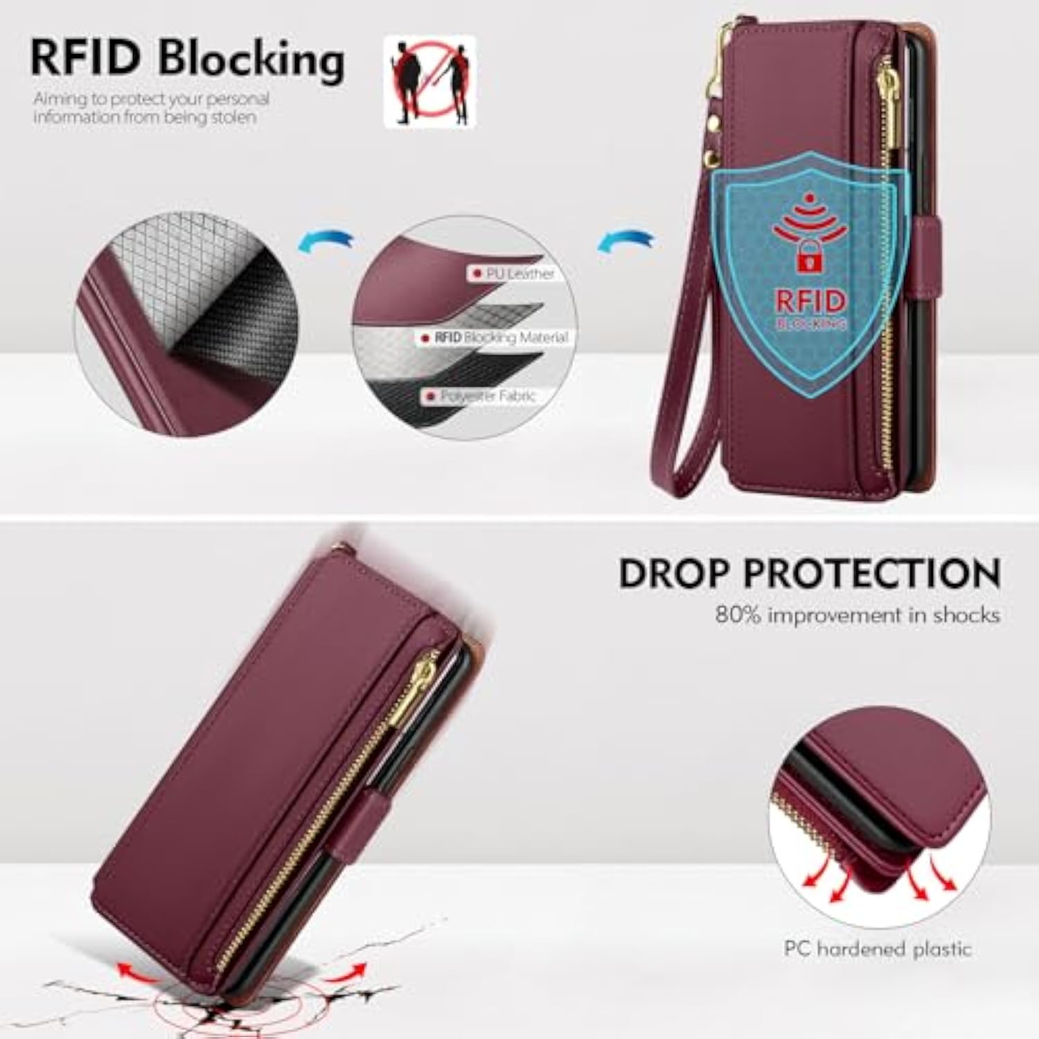 Compatible With Samsung Galaxy Z Fold7 Case Wallet With Card Holder,Z Fold 7 5G Phone Case With Strap Shockproof Pu Leather Rfid Blocking Flip Cover Credit Card Slots Women Men,Wine Red