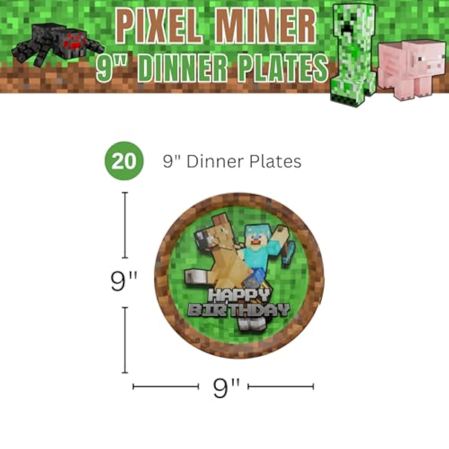 Pixel Miner Dinner Plates (Pack Of 20) - Mining Craft Party Supplies