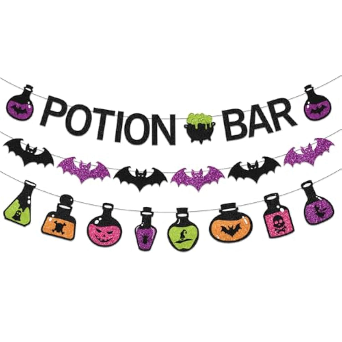 Halloween Potion Bar Banner Black Purple Glitter Bats Witch Party Haunted Decor