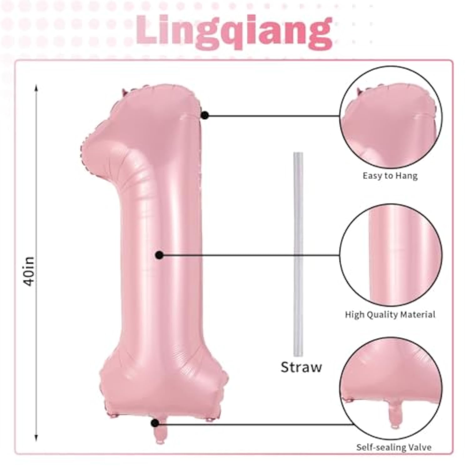 Pastel Pink 1 Balloons, 40 Inch Giant Light Pink Helium Foil Number 0-9 For Girls, Self Inflating 1St Birthday Balloon For Women Anniversary Baby Shower Princess Party Decorations Supplies