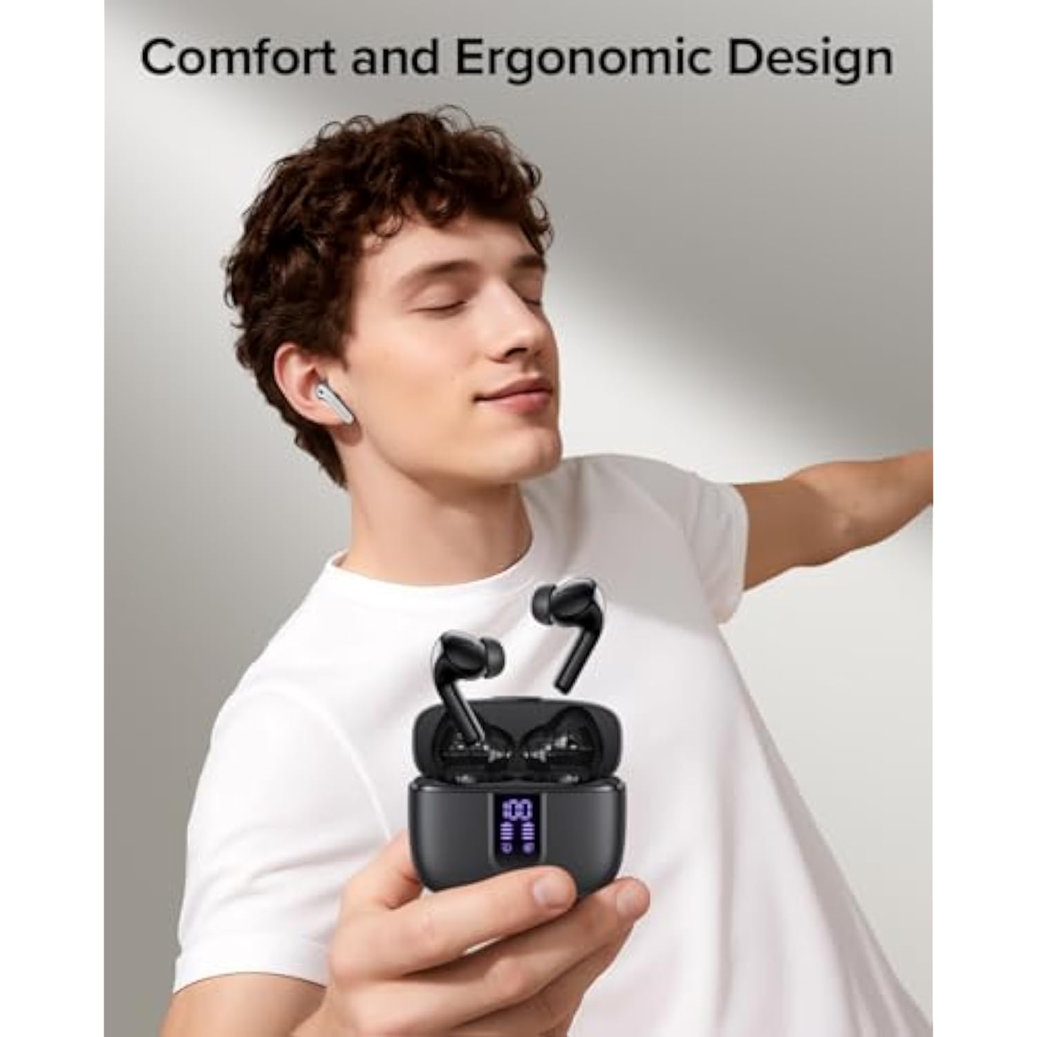 Bluetooth Wireless Earbuds, 60H Playback, LED Display, IPX5, with Mic